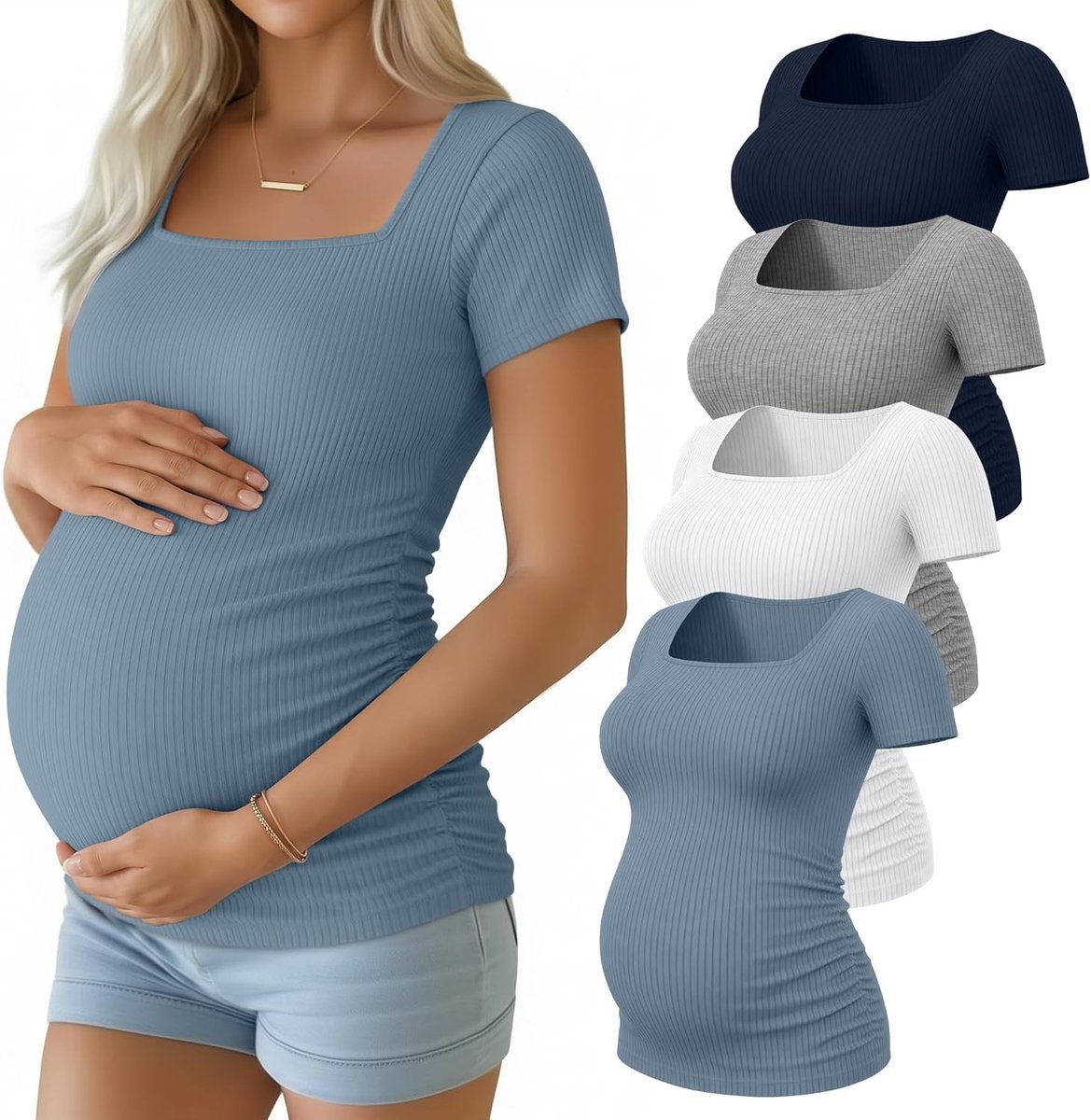 4-Pack Zwangerschapsshirts voor Dames, Geribbeld Korte Mouwen, Vierkante Hals, Comfortabel en Ademend voor de Zomer