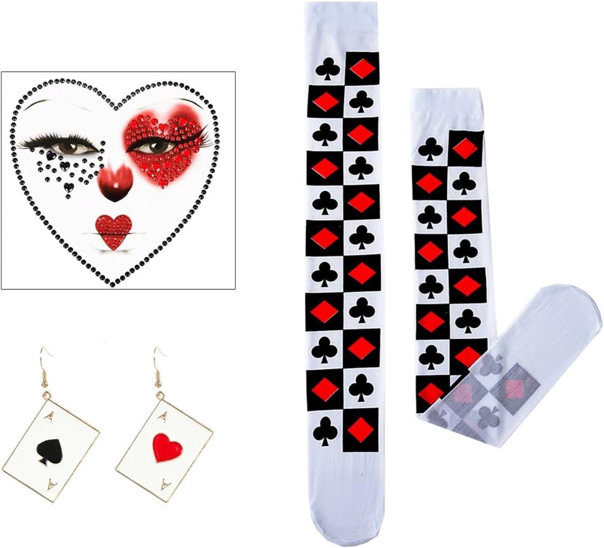 Carnaval Kostuum Magiër Accessoires met Pokerkaarten, Hart en Casino Thema voor Feestjes, Rood, One Size