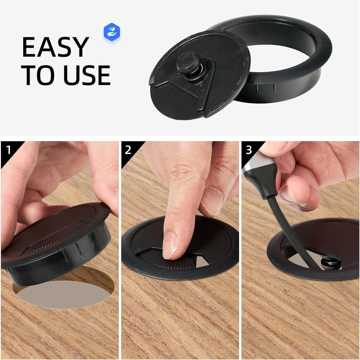 Set van 2 Desk Grommets 80mm voor Kabelbeheer, Desk Cable Hole Covers en Grotters in Zwart