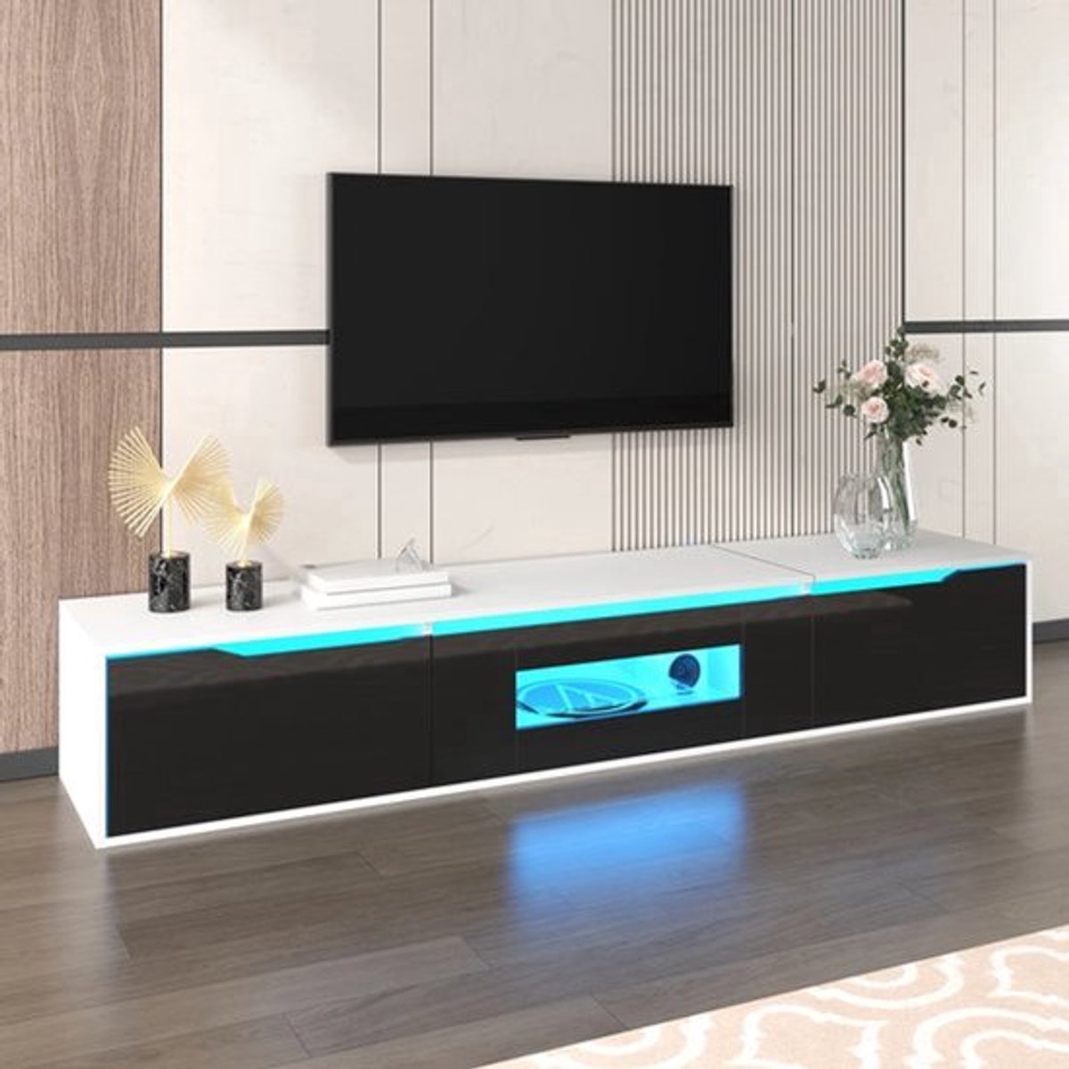 Tv-Kast – Tv-Meubel – Media Meubel – Wandmeubel – Hoogglans Zwart-Wit – Ledverlichting Met