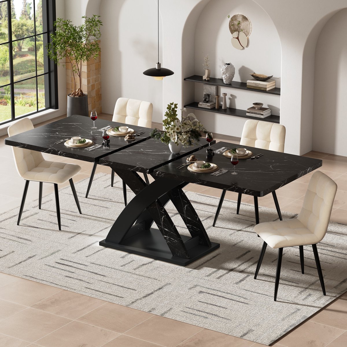 COVREO Eettafel 120-160x80x75 cm – zwart, MDF en metaal, uitschuifbaar tot 6 personen
