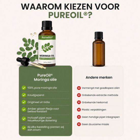 Vergelijking van PureOil Moringa olie met andere merken. PureOil biedt pure olie, koudgeperst, uit India, in amberglas, met pipet.