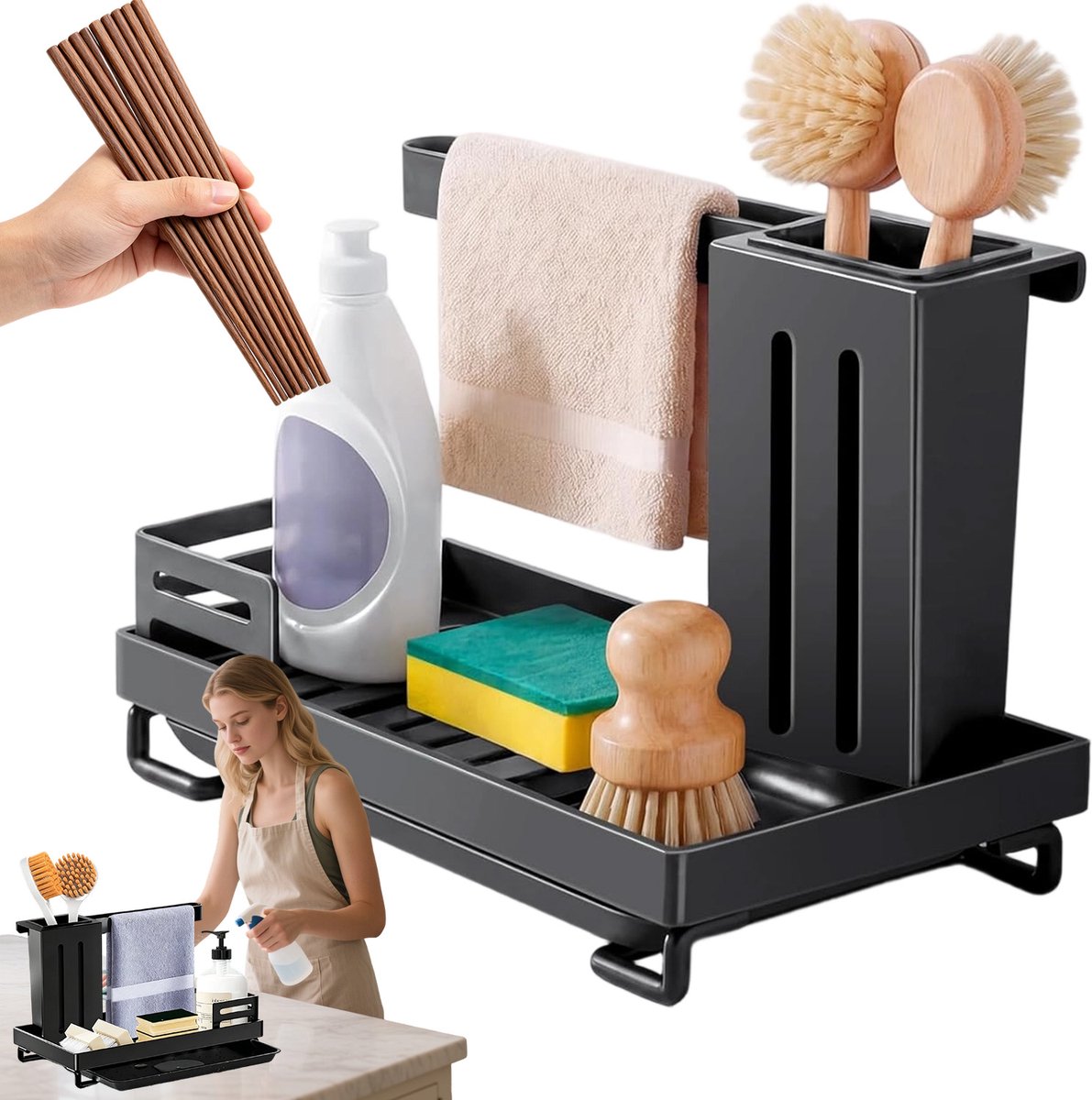 Keuken Afdruiprek - Afwasrek met Lekbak - Multifunctioneel - 25x15,5x16,5cm - Houder voor Doeken & Eetstokjes - Uitneembare Lekbak - Keuken Accessoires - Voor Spons, Zeep & Keukengerei