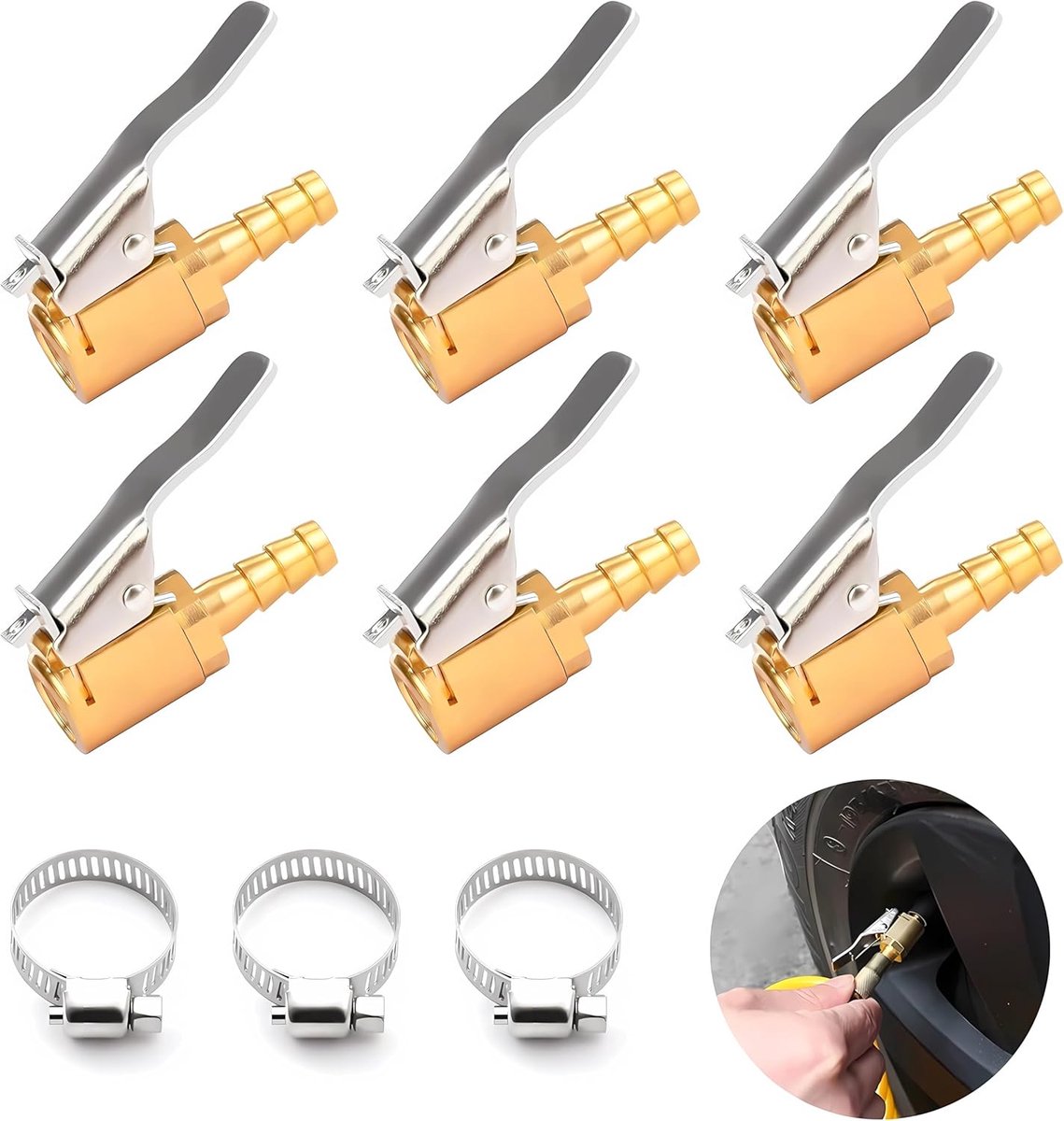 SnelShoppen - 6pcs 8mm Car Valve Lever Plug Air Chuck, 1/4 Inch NPT Auto Ventiel Adapter, Messing Banden Vul Nippel Set, Compressed Air Ventiel Plug v