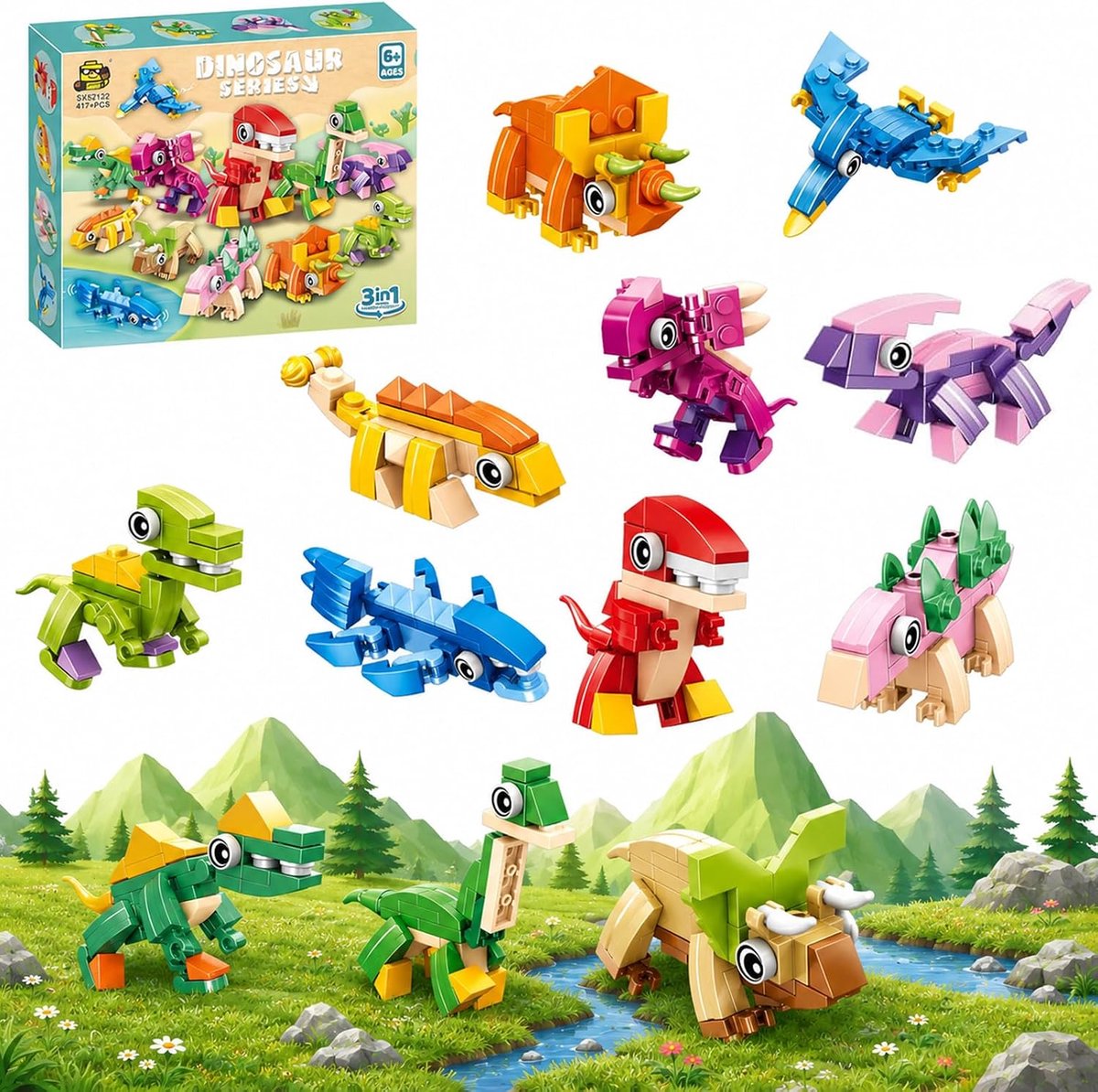 SnelShoppen - Mini-bouwstenenset 12 stuks - 3-in-1 dino-klembouwstenen voor kinderen - Geschenkidee voor verjaardagen, Pasen en Kerstmis - Bouwplezier