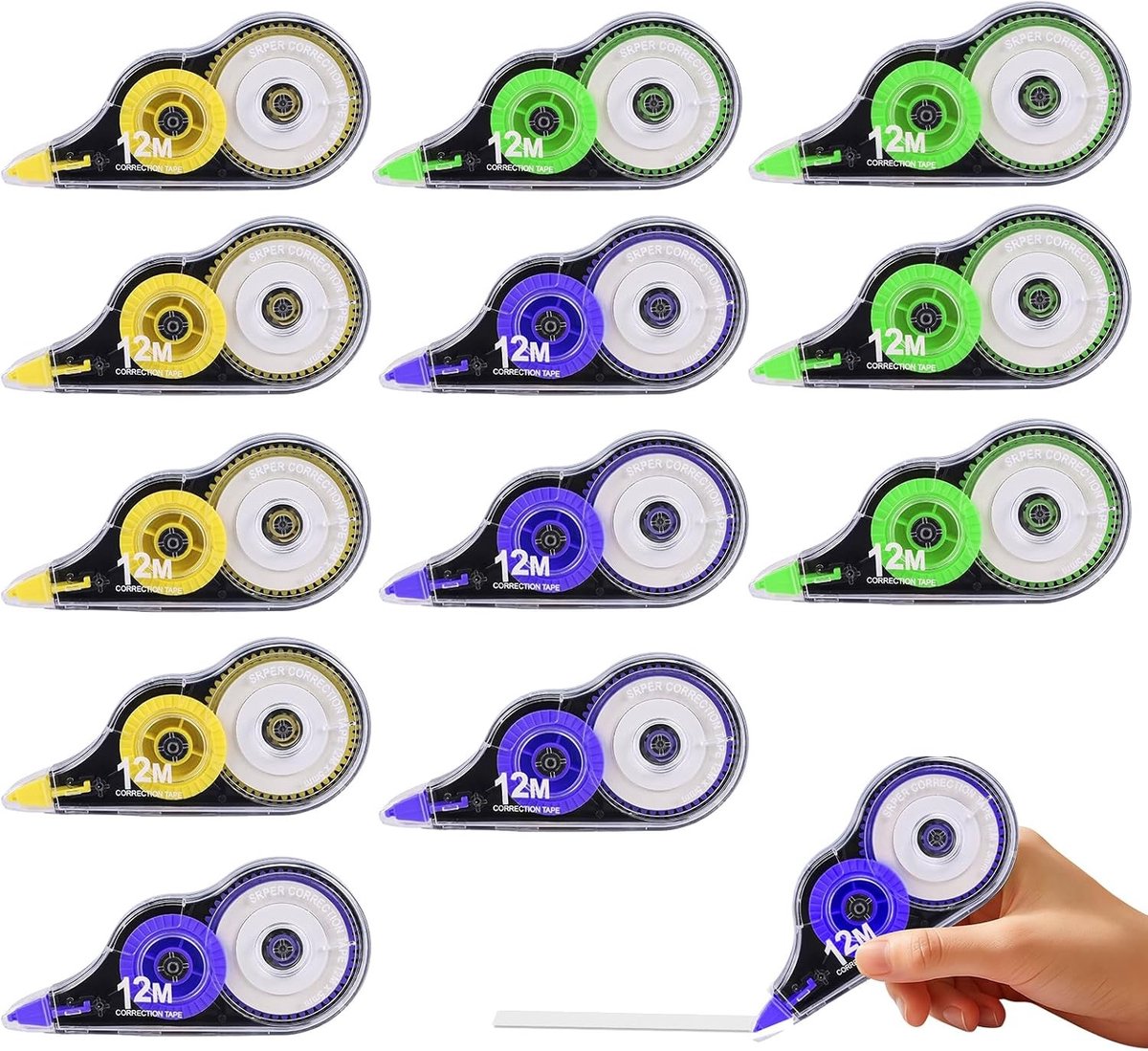 Correctietape set van 12 stuks, 12 m x 5 mm, witte roller met beschermkap voor school en kantoor, ideaal voor schrijfwaren en knutselprojecten