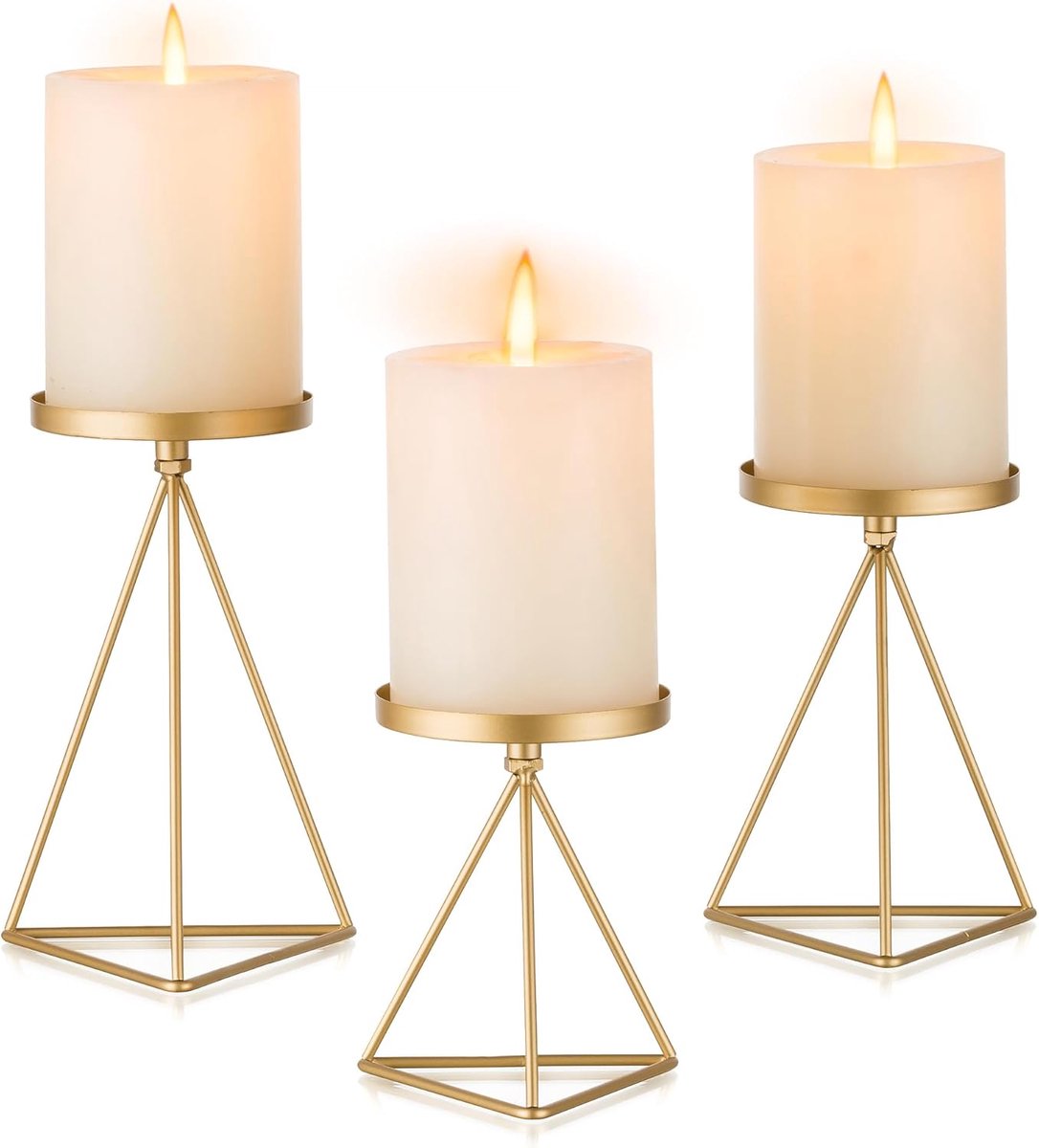 SnelShoppen - 3-delige Gouden Kaarsenhouder Set, Vintage Kaarsen Tray, Geometrische Pillar Kaarsenhouder van Metaal voor Tafeldecoratie, Haard, Bruilo