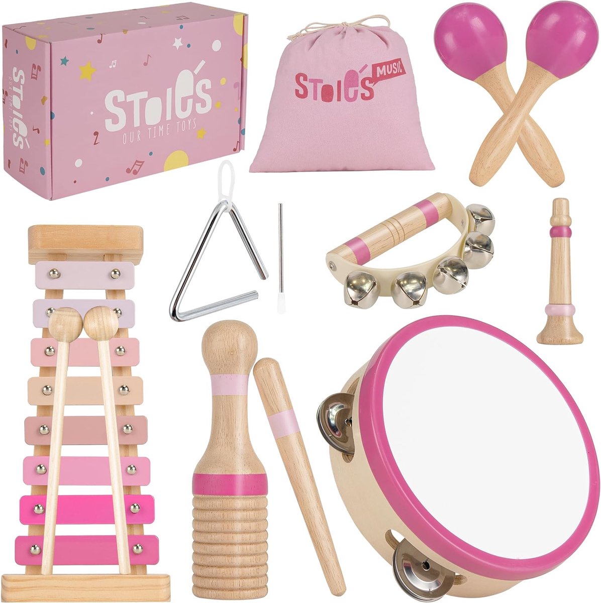 SnelShoppen - Wooden Music Set voor Kinderen - Montessori Muzikale Instrumenten met Xylofoon, Tambourine en Maracas - Educatief en Creatief - Roze Des