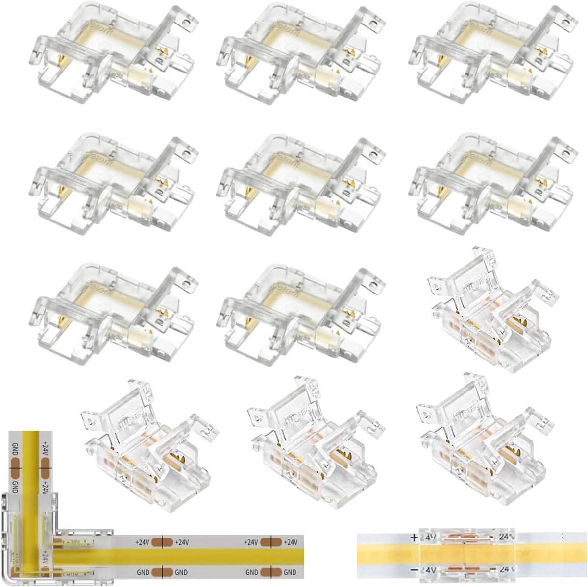SnelShoppen - 12 Stuks COB LED Hoekverbinders en Verbinders - 2 Pin 8 mm Strip Hoek Connector L-vorm en T-vorm - Kabel Connector voor 8 mm LED Strips