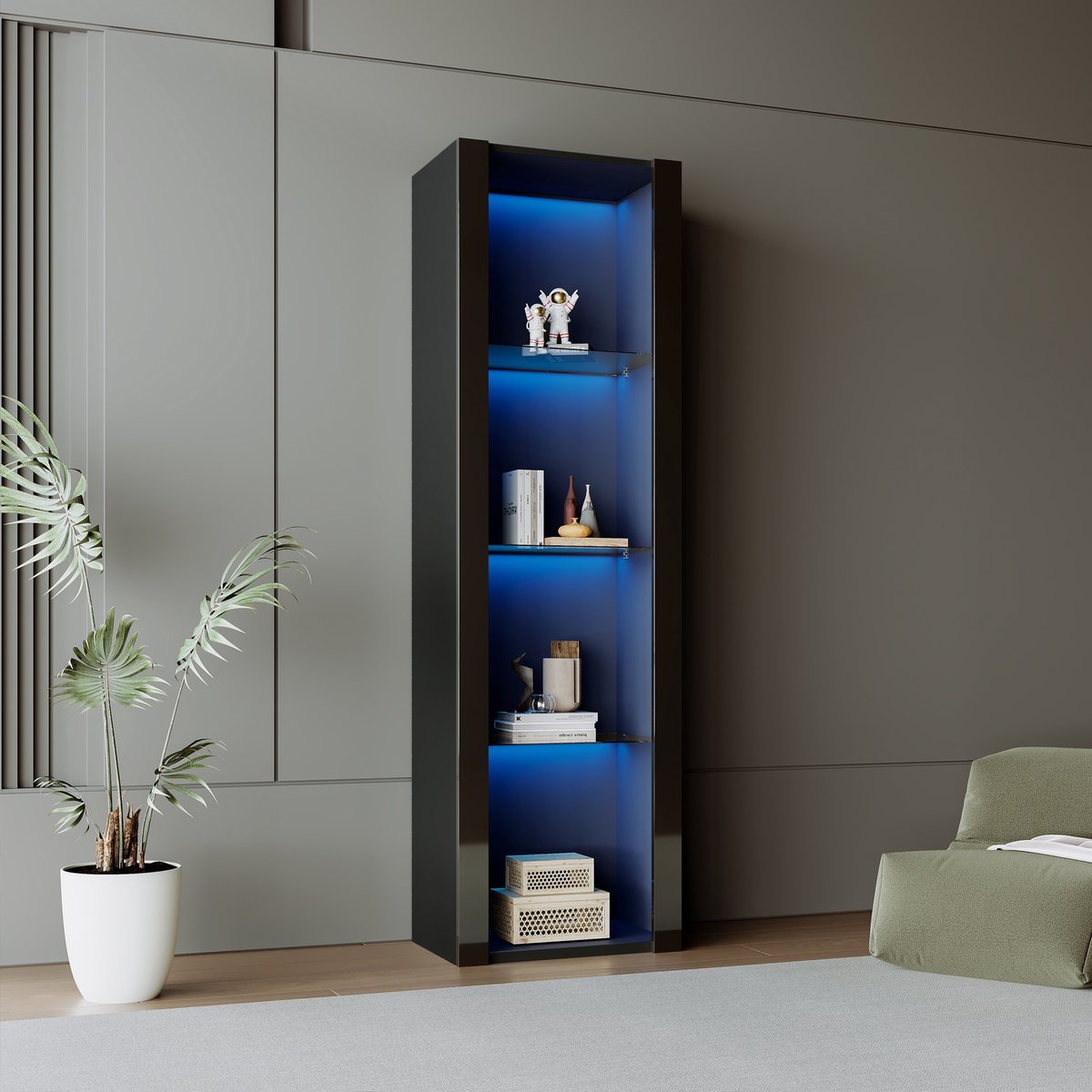 COVREO Vitrinekast met LED-verlichting 55 x 38 x 166 cm zwart hoogglans, 3 glasplanken