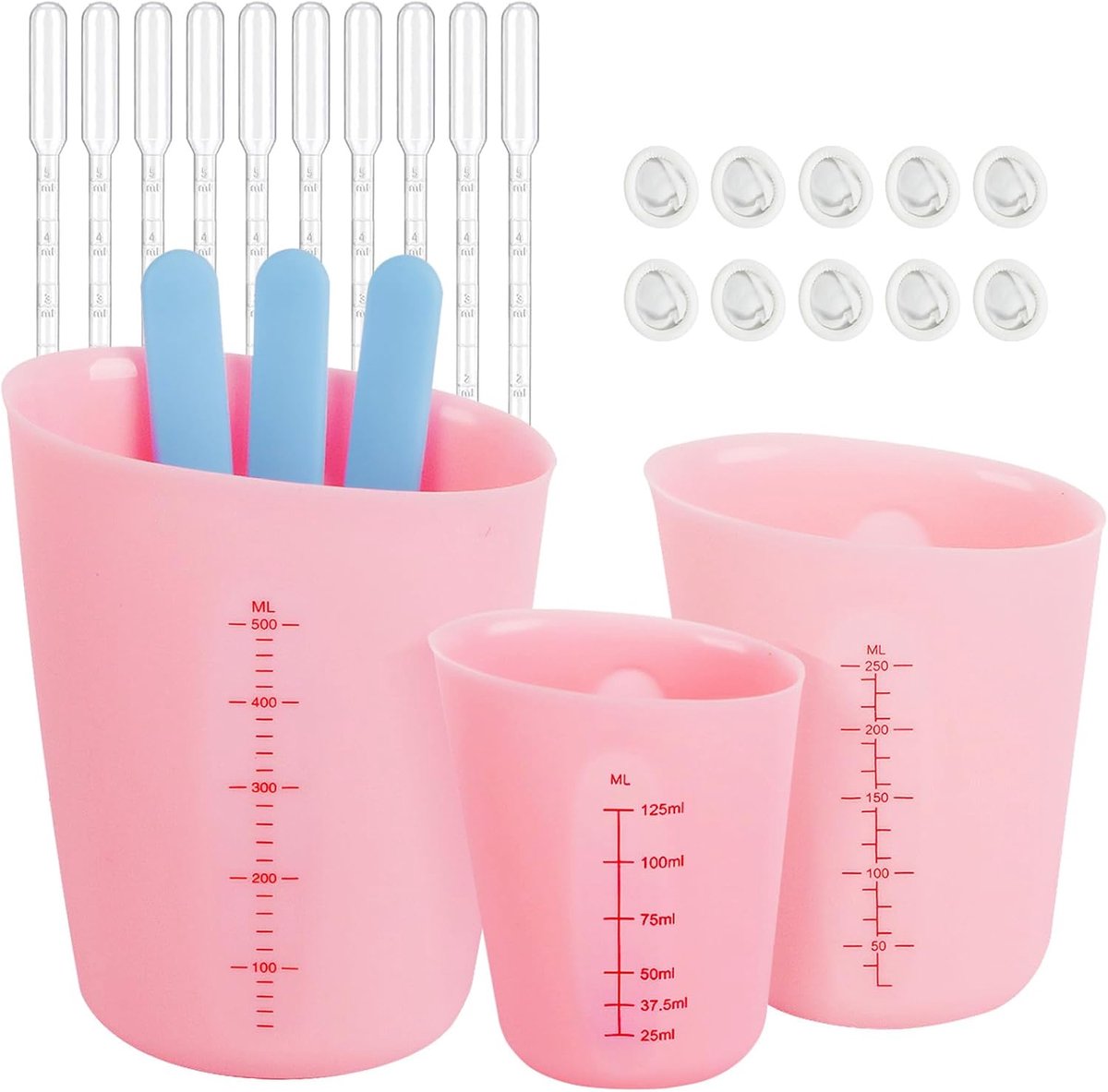 SnelShoppen - 3 Pcs Silicone Measuring Cups - Roze Siliconen Maatbekers met Roerstaafjes, Druppelaar en Vingerbeschermers voor Gieten, Sieraden Maken,