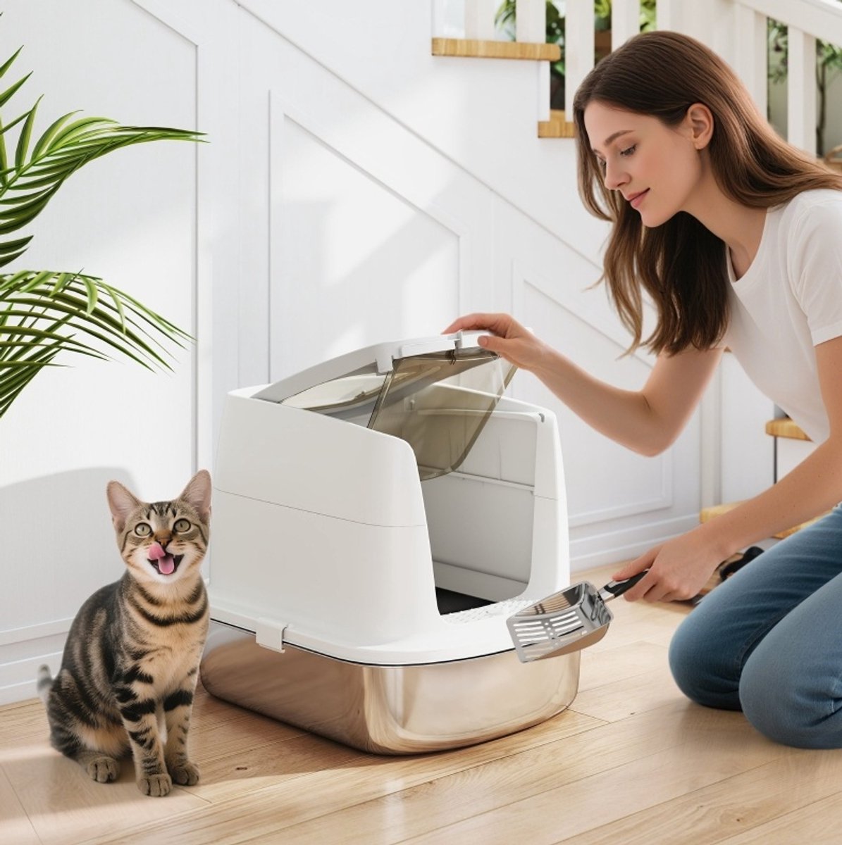 COVREO Kattenbak 52,4 x 41,3 x 39,8 cm – wit, RVS, gesloten ontwerp met schep en geurzak