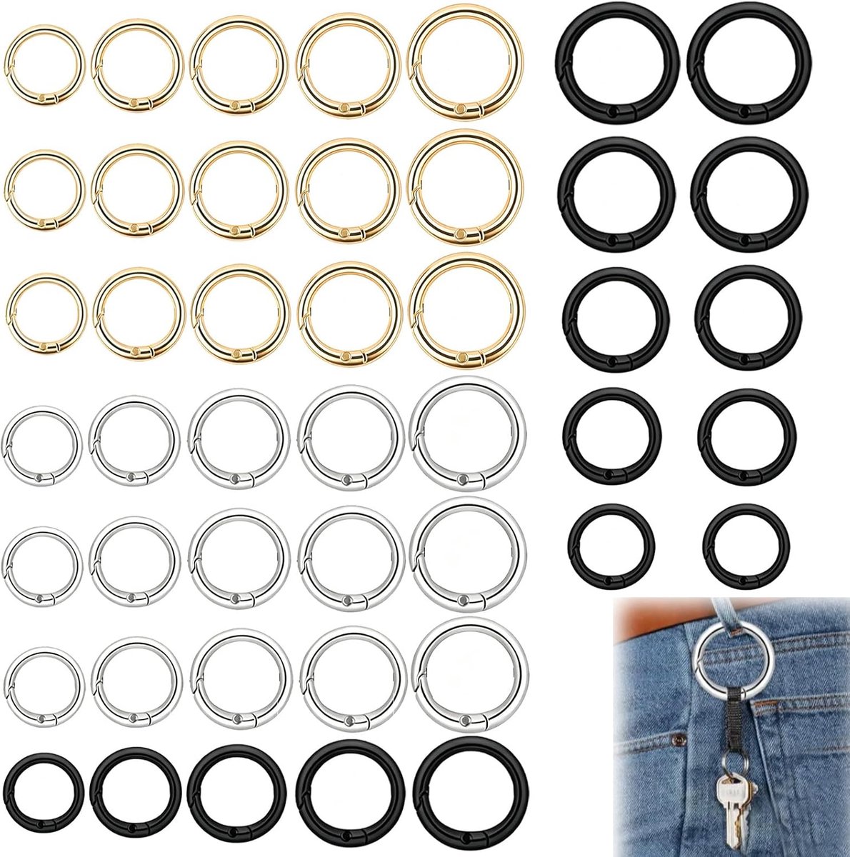SnelShoppen - 45 Mini-Karabijnhaken Set met Ronde Sleutelringen en O-Ringen in Goud, Zilver en Gunmetal, 20/24/26/30/33mm voor Knutselprojecten, Tasse