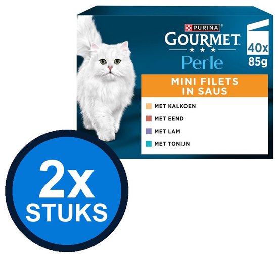 Gourmet Perle mini filets in saus kattenvoer met kalkoen, eend, lam en tonijn. Doos met 40 porties van 85g.