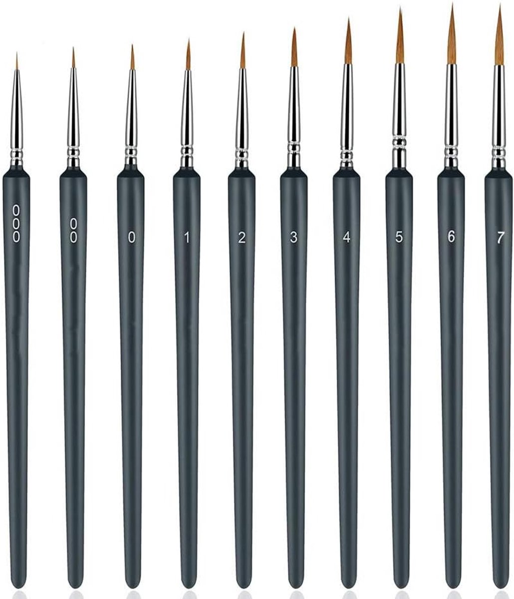 SnelShoppen - 10-delige Detailkwasten Set voor Acryl, Waterverf en Gouache - Ideaal voor Precisiewerk en Afwerking - Verschillende Maten voor Gedetail