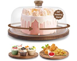 Cake Platter with Hood, 29.5 x 17.5 cm, Wooden Cake Stand with Lid, Acrylic Cake Dish Box, Round Cake Tray with Lid - ShopVlot