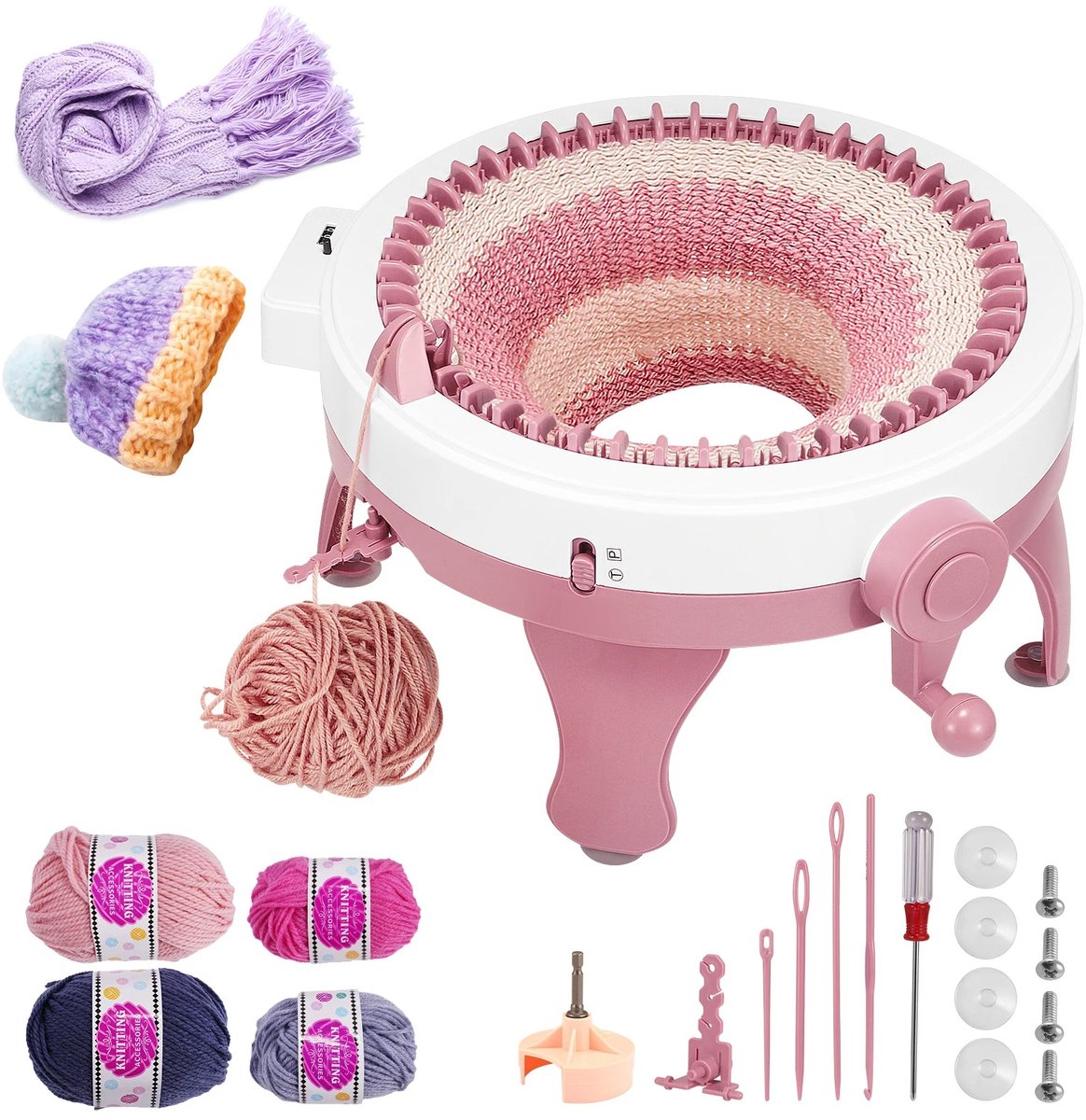 Linkforu - Breimachine - Met 48 Naalden - Rond En Plat Breien - Complete Hobby Set voor Mutsen En Sjaals – Roze/Wit