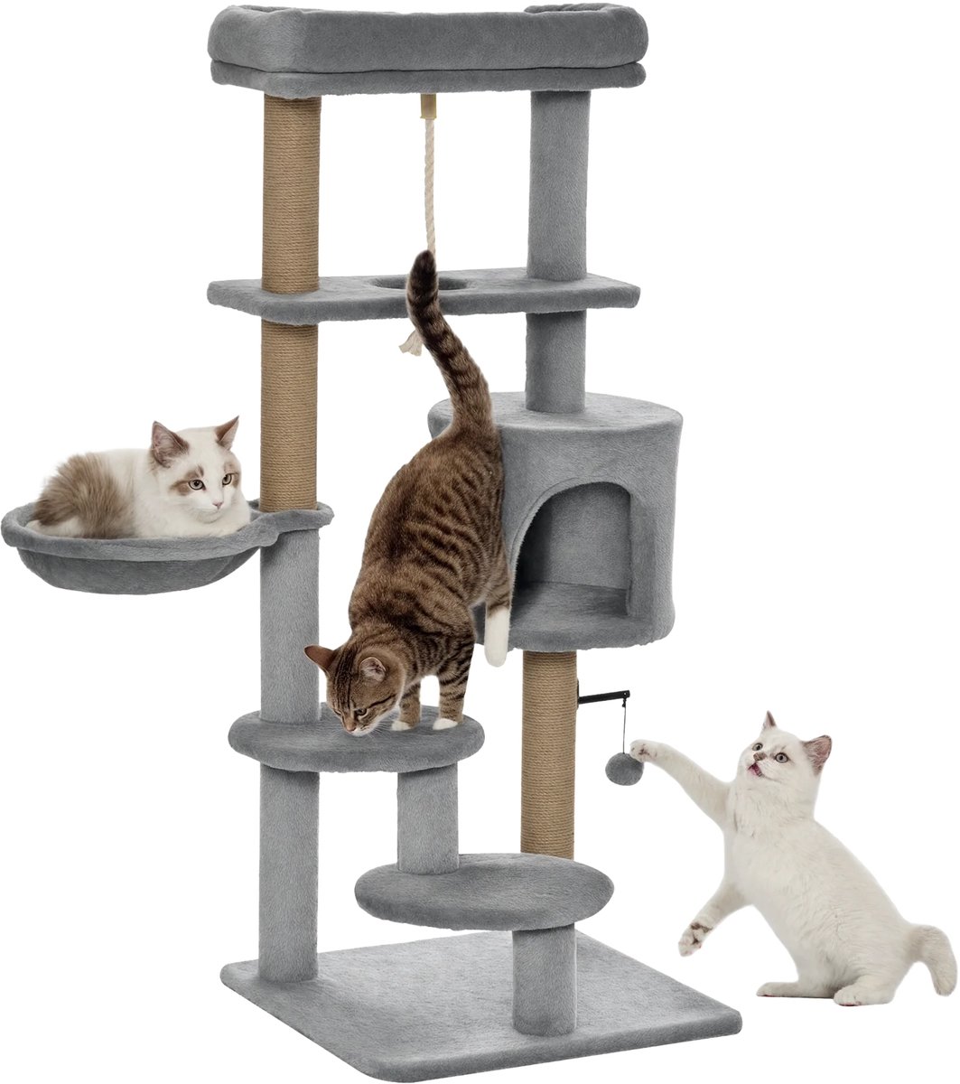 Krabpaal 120 cm – Kattenboom met Mand, Katten Cave & Speelbal – Lichtgrijs