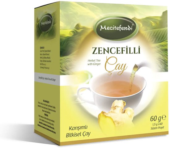 Verpakking "Mecitefendi Zencefilli Cay" Herbal Tea with Ginger. Een kop thee wordt ingeschonken met gemberwortel.