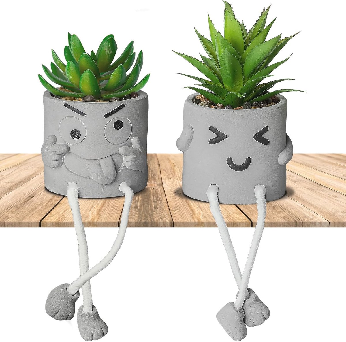 SnelShoppen - 2 Stuks Grappige Kunstplanten Decoratie met Cement Pot - Mini Kunstplanten Set - Plastic Succulent Planten voor Slaapkamer, Badkamer, Ta