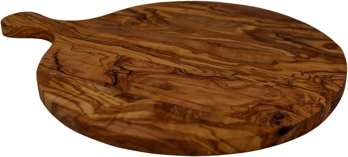 SnelShoppen - Serving board pizza plate rond met handvat, snijplank, keukenplank, olijfhout, rustiek, 30 cm voor pizza's, feest, barbecue, tuin