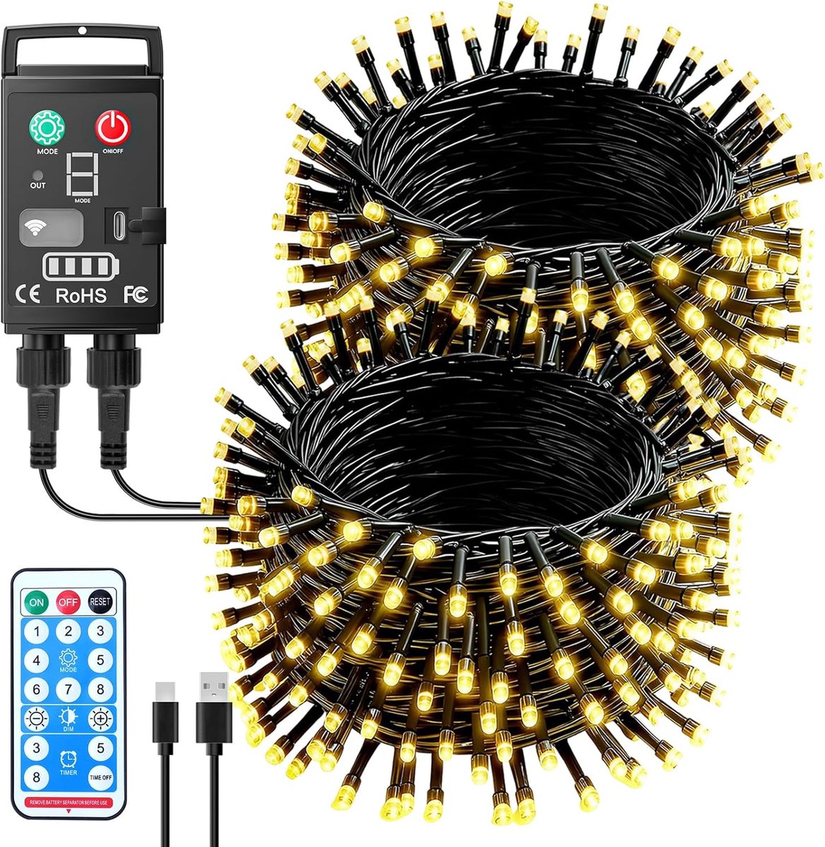 SnelShoppen - Oplaadbare Kerstverlichting 10m 100 LED Fairy Lights Buiten met 8 Modus en Afstandsbediening, Waterdicht voor Tuin en Feest