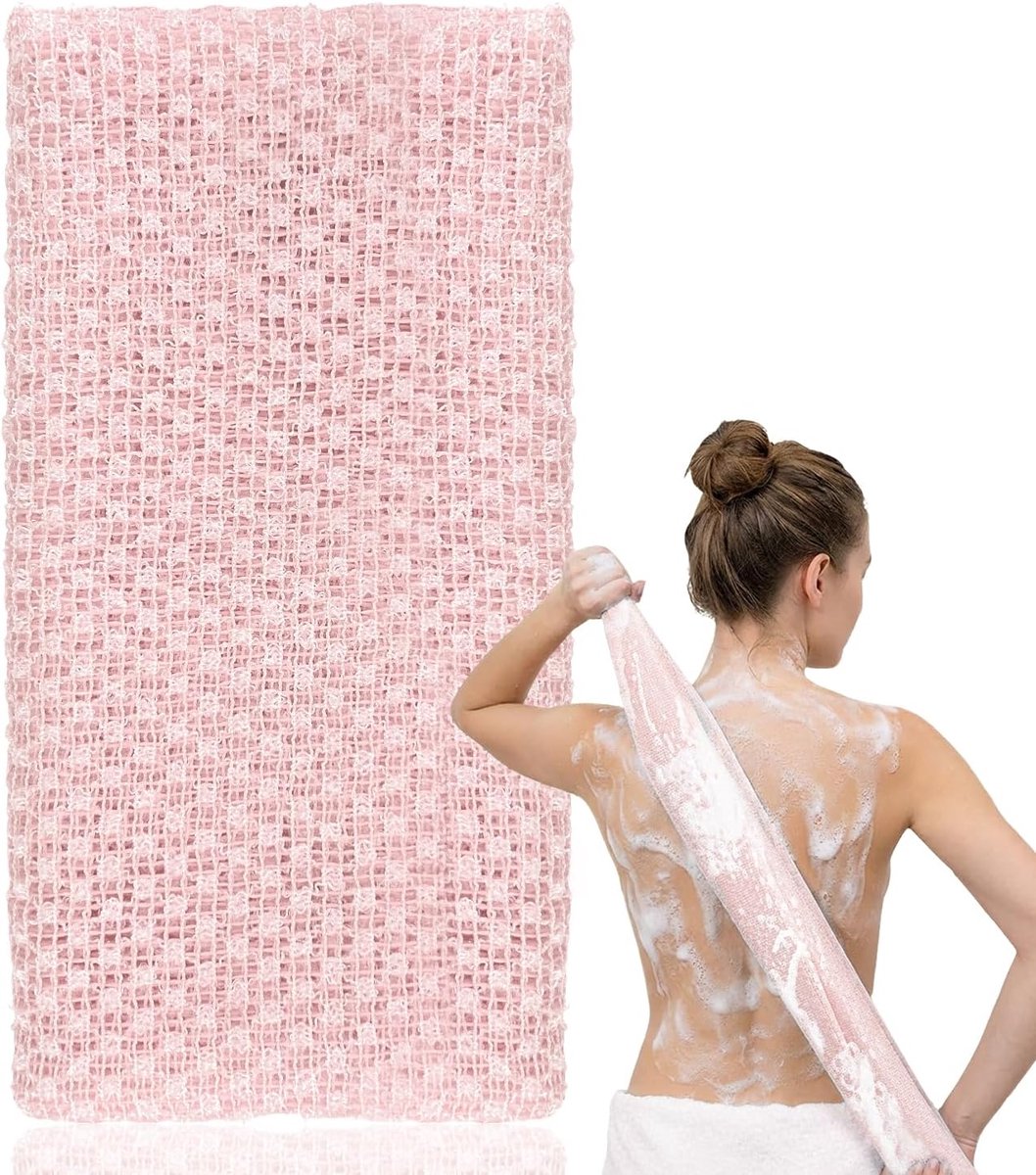 SnelShoppen - Exfoliërende Towel, Japanse Wasdoek Extra Lang 97 cm, Diepe Reiniging voor Douche, SPA en Dode Huid Verwijdering - Roze