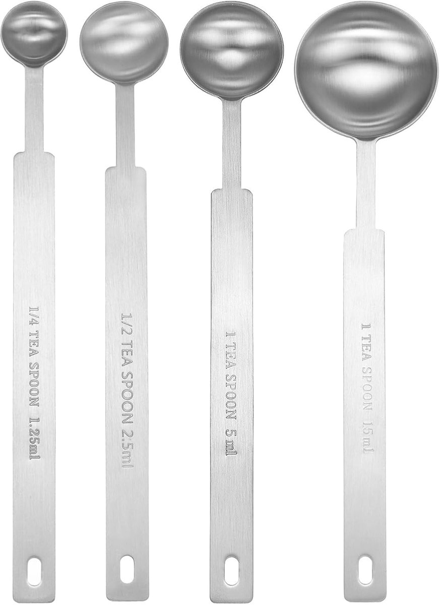 SnelShoppen - Set van 4 Maatlepels RVS 430 - 1/4, 1/2, 1, 3 theelepels - Lange Handgreep - Keuken Accessoire voor Nauwkeurige Metingen - Ideaal voor B