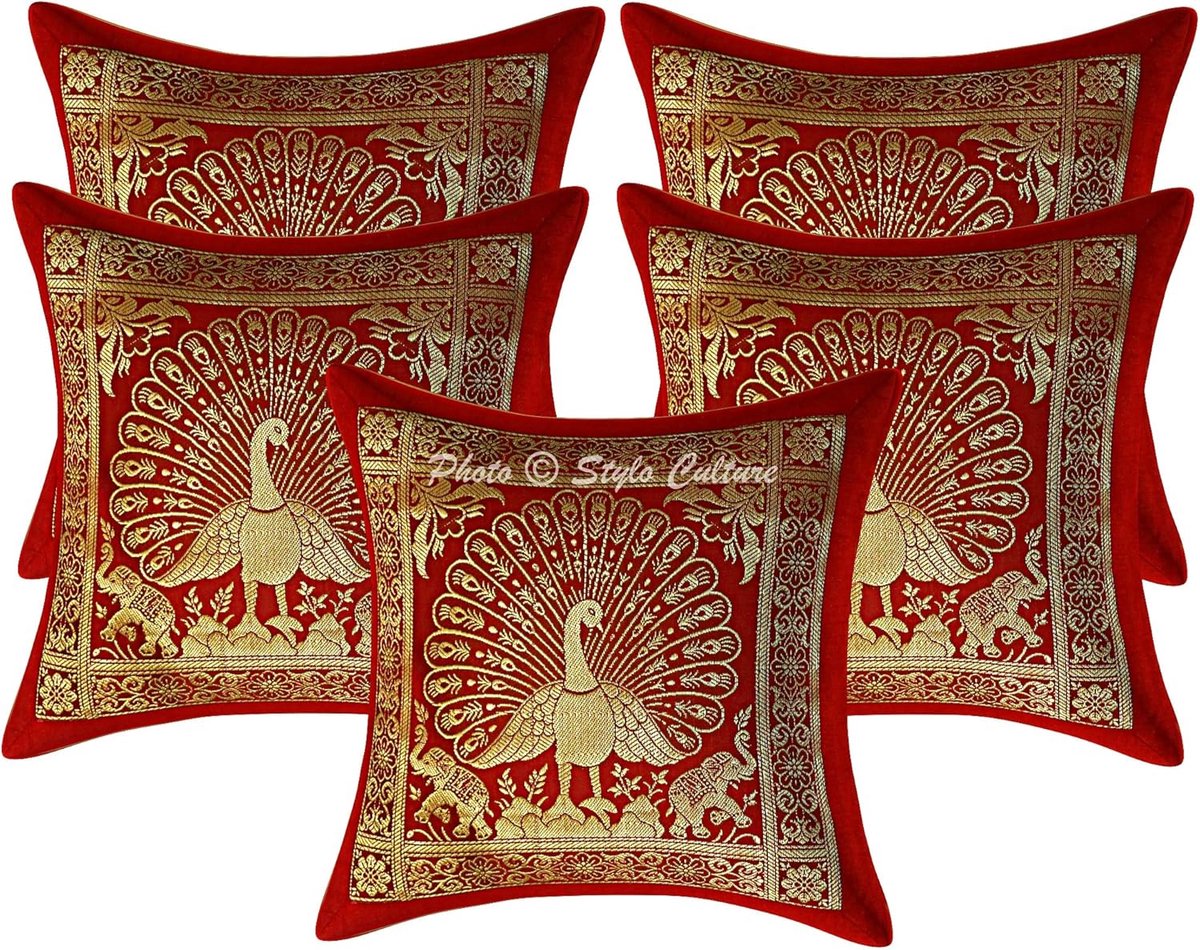 SnelShoppen - Set van 5 Stuks Ethnic Brocade Kussenhoezen 30x30 cm Maroon Goud met Dansende Pauw - Decoratieve Jacquard Bloem Kussens voor Woonkamer,