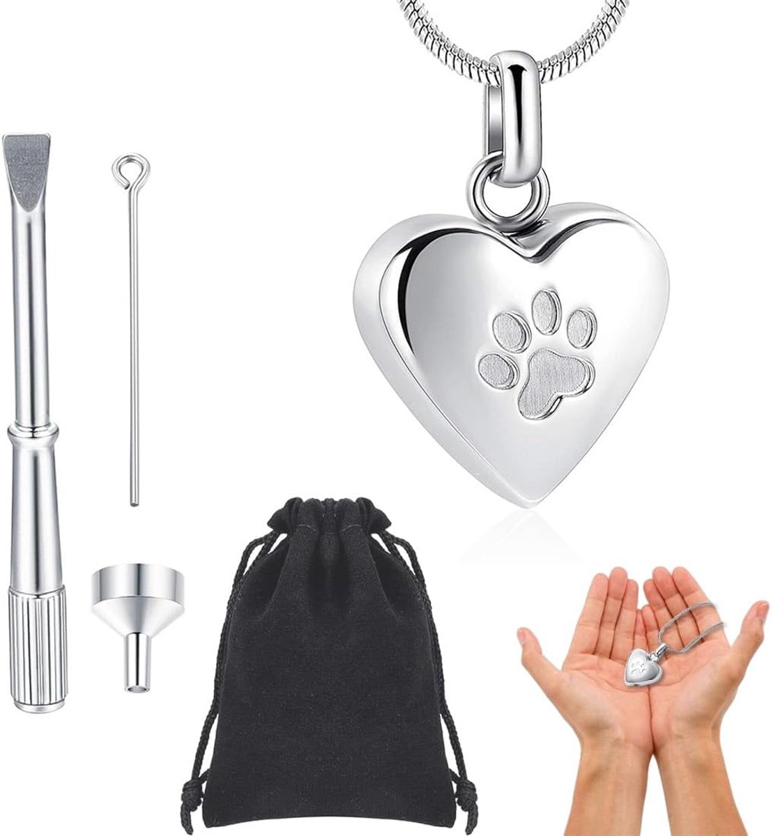 SnelShoppen - Urn Necklace voor Ash Pendant Hart met Pootafdruk - Herinnering aan Huisdieren - Kunststof Funnel Kit voor Honden/Cat As - Zilver