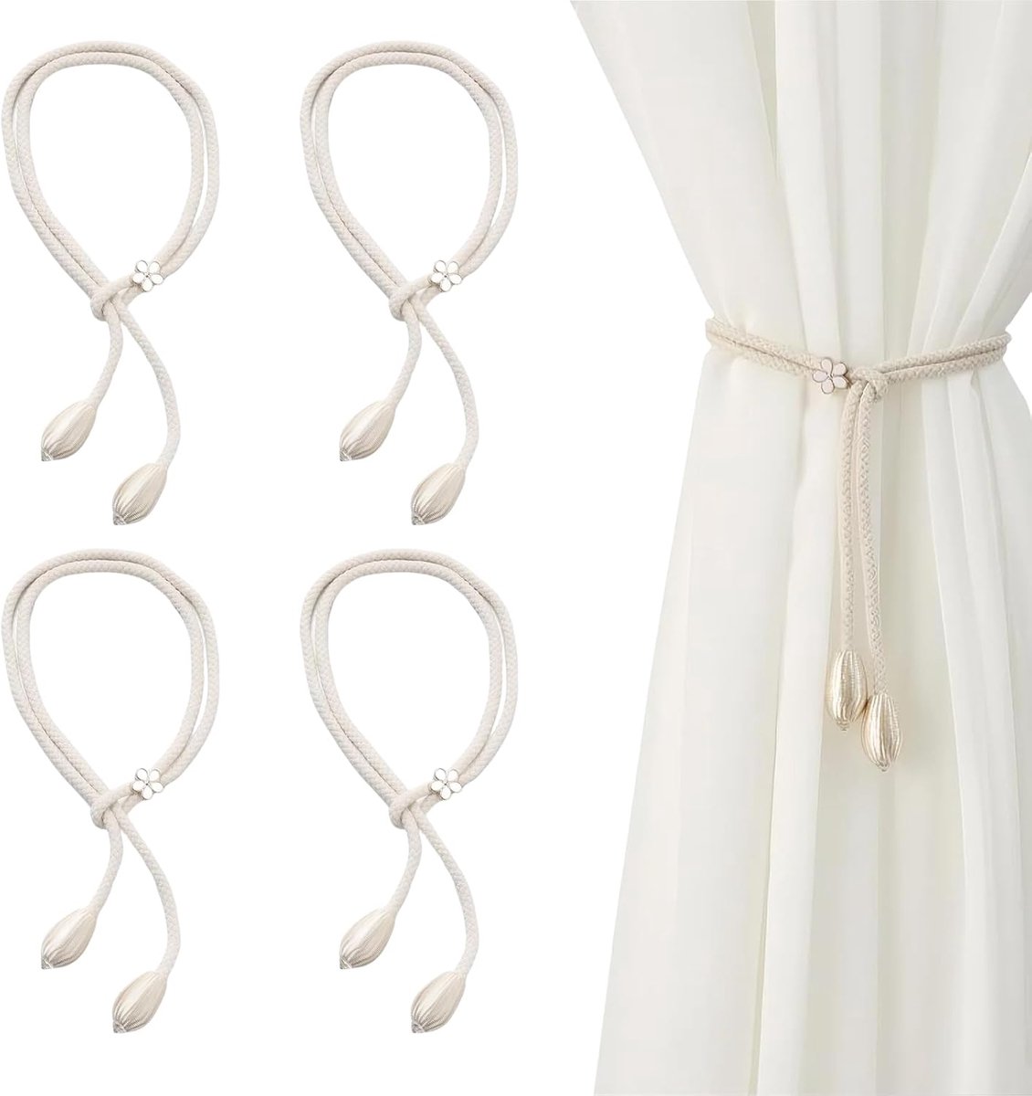 SnelShoppen - Pack van 4 Gordijnhouders met Grote Kralen in Bohemian Stijl - Elegante Handgemaakte Gordijntouwen 100cm - Beige Nordic Design voor Woon