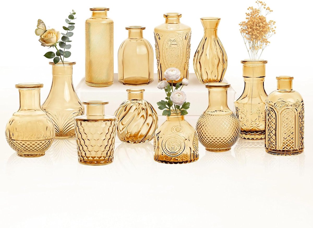 SnelShoppen - Glass Button Vase Set 12 PCS - Vintage Style Gouden Vazen met Structuurpatroon voor Bloemen en Home Decoratie - Perfect voor Feesten, Tu