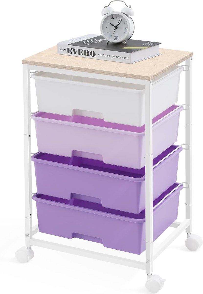SnelShoppen - Trolley met 4 Lades - Wielen - Badkamer Trolley - Keuken Opbergwagen - Robuuste Stalen Constructie - Houten Blad - Gradient Paars - Idea