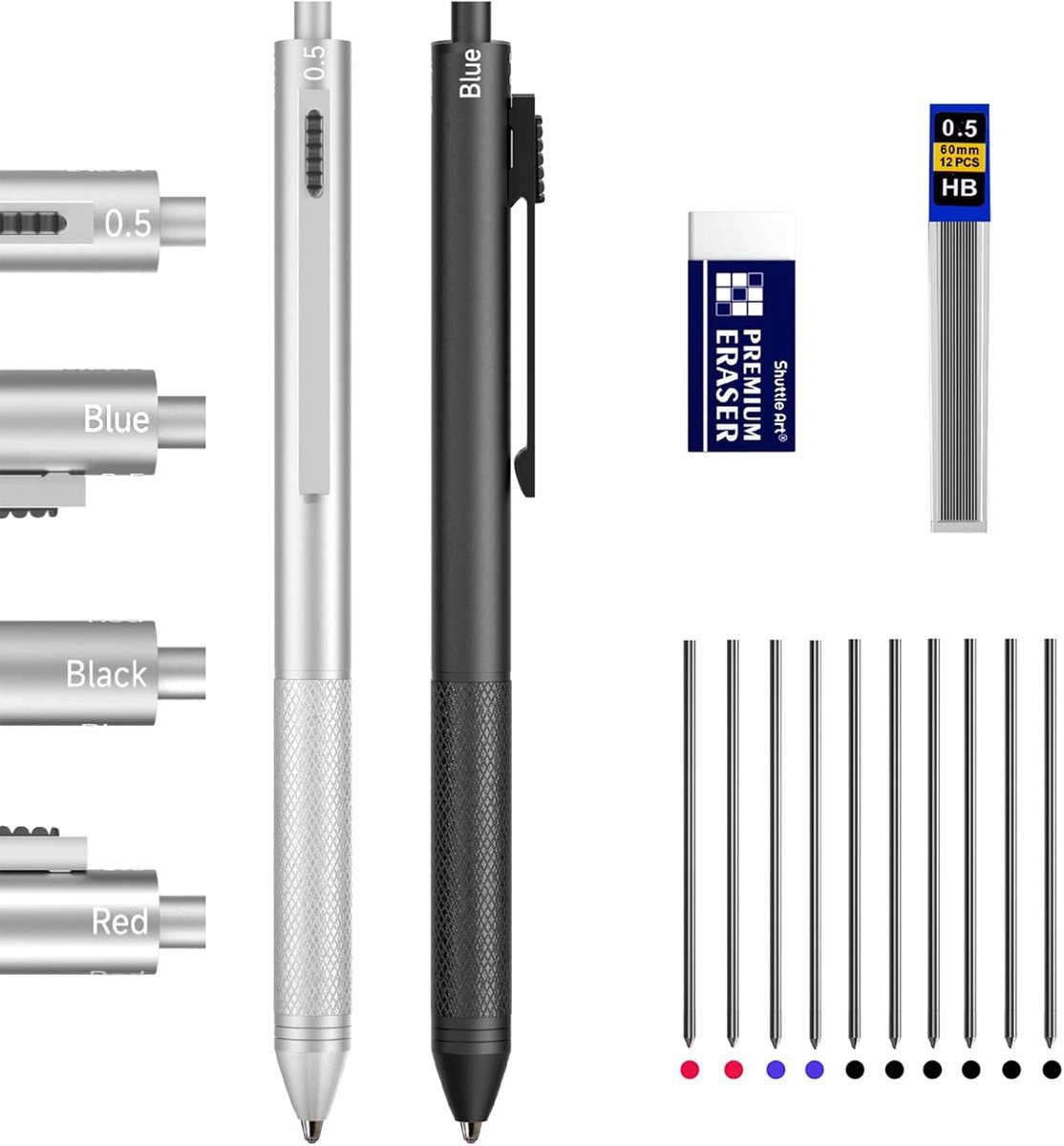 SnelShoppen - 4-in-1 Multicolour Pen Set 2-Pack - Balpen met 1mm Tip (Zwart, Blauw, Rood) en 0.5mm Mechanische Potlood - Multifunctionele Pennenset vo