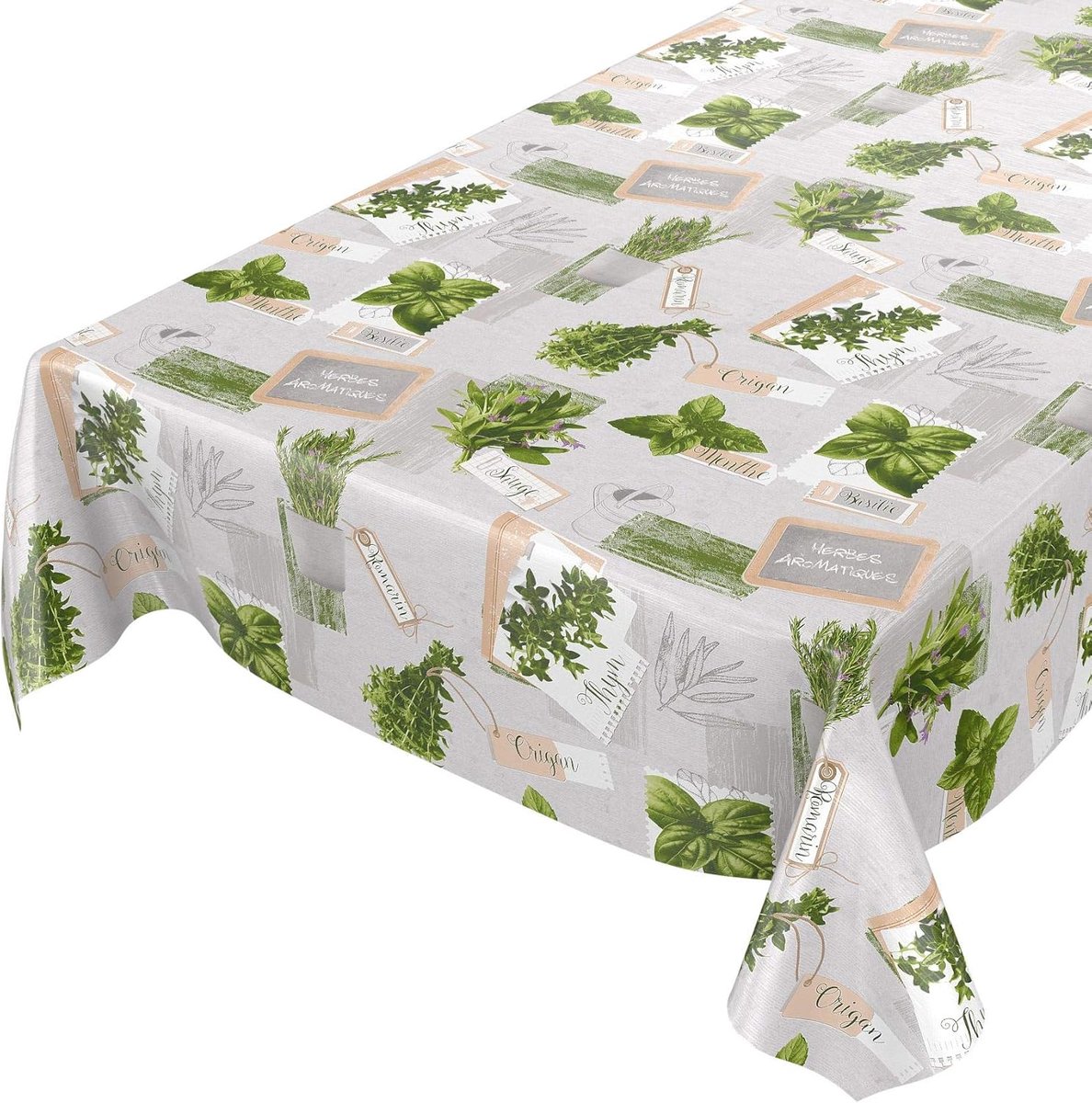 SnelShoppen - Wasbare Oilcloth Tafelkleed - Waterafstotend, Ovalen Tafelkleed 140 x 220 cm - Groene & Beige Kruiden, Perfect voor Keuken, Tuin, Feest