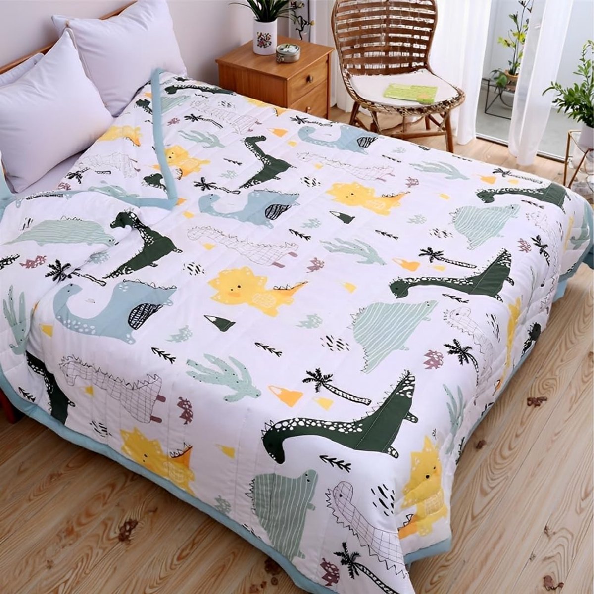 SnelShoppen - Fansu Bedspread - Dekbedovertrek 170x200cm - Reversible Super King Bed Cover - Quilted Sofa Blanket - Microfiber Duvet Sheet - Dinosaur