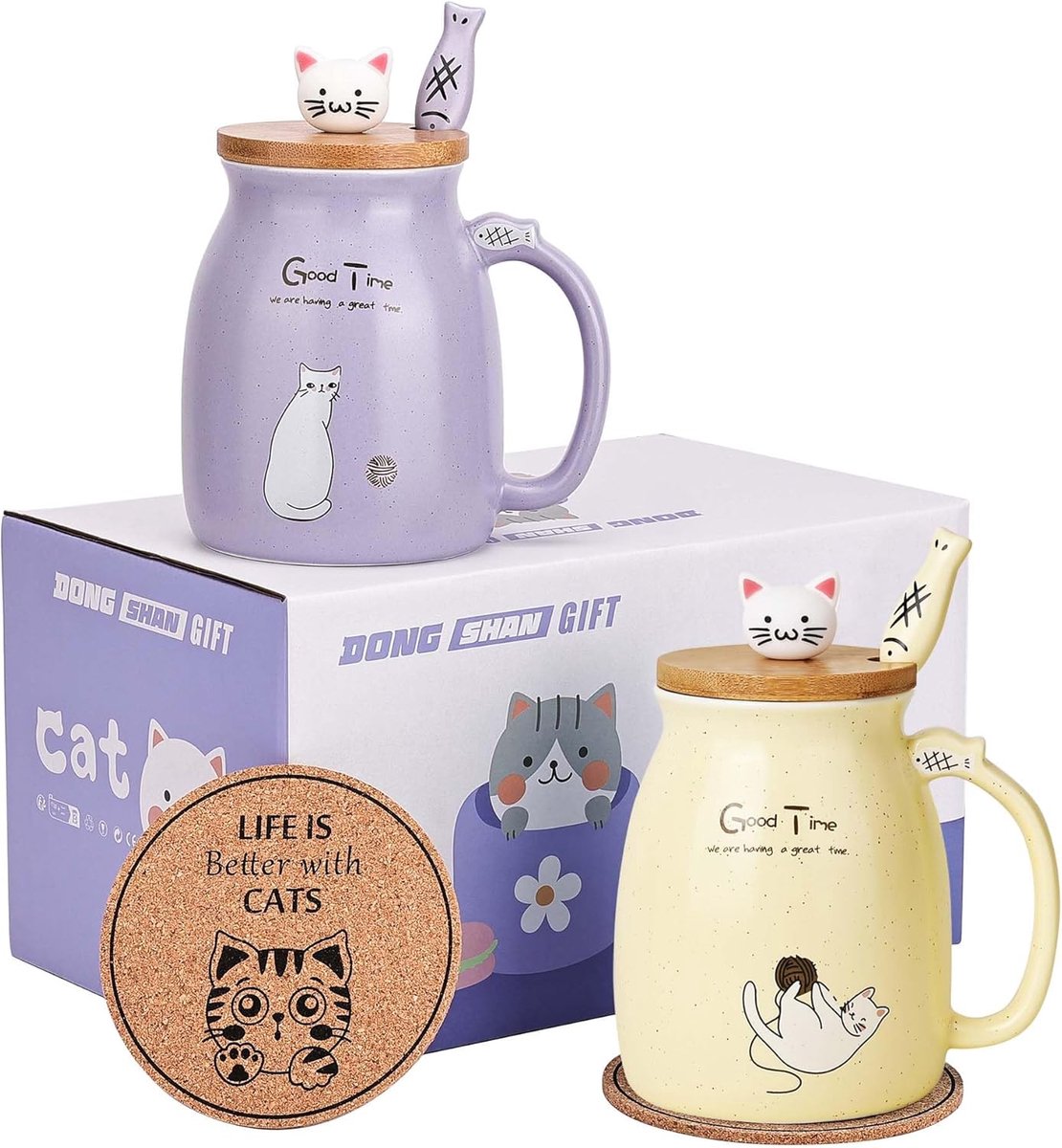 SnelShoppen - Set van 2 Kat Bekers, Keramische Theekop met Deksel en Lepel, Kawaii Mokken voor Vrouwen, 500 ml, Kerst Verjaardag Cadeau Kat (Paars en