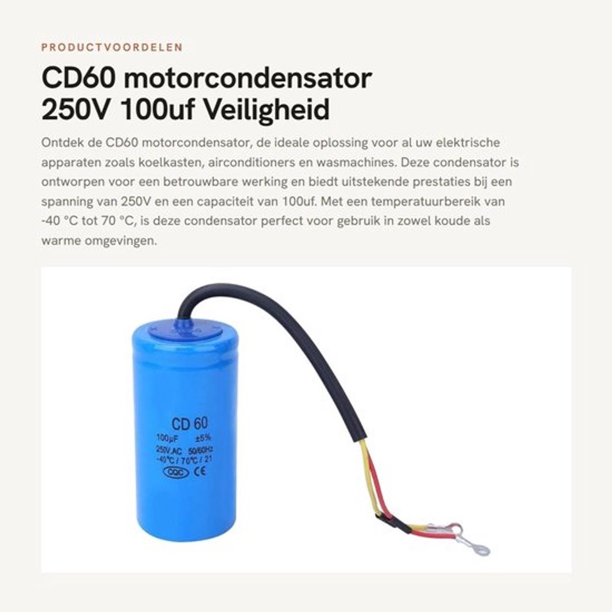 CD60 motorcondensator - 250V 100uf - Veiligheid en betrouwbaarheid - Geschikt voor koelkasten en airconditioners - Filtercapaciteit - Voo...