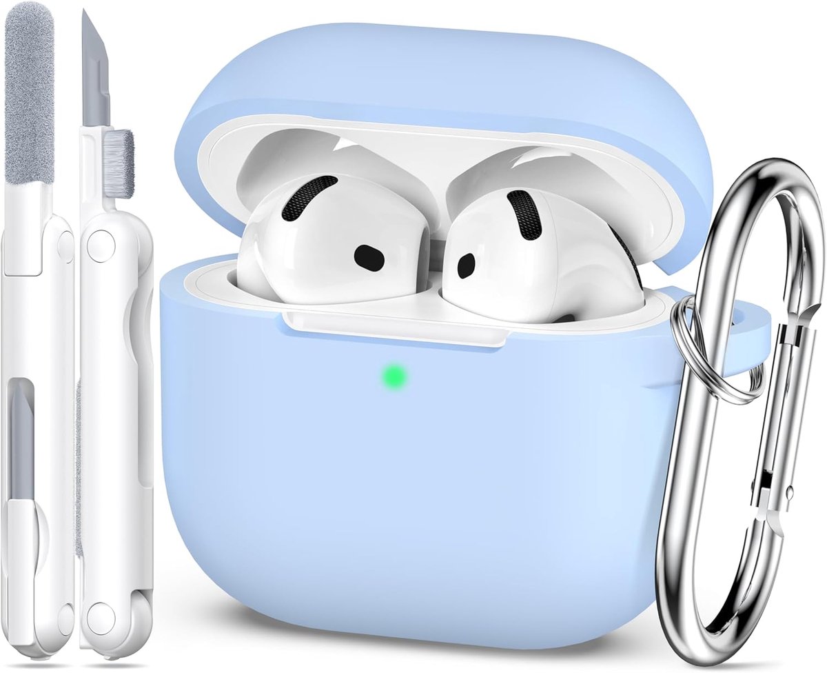 SnelShoppen - AirPods 4 Generatie Hoesje 2024, Militaire Kwaliteit Siliconen, Schokbestendig, Inclusief Sleutelhanger & Schoonmaakset - Luchtblauw