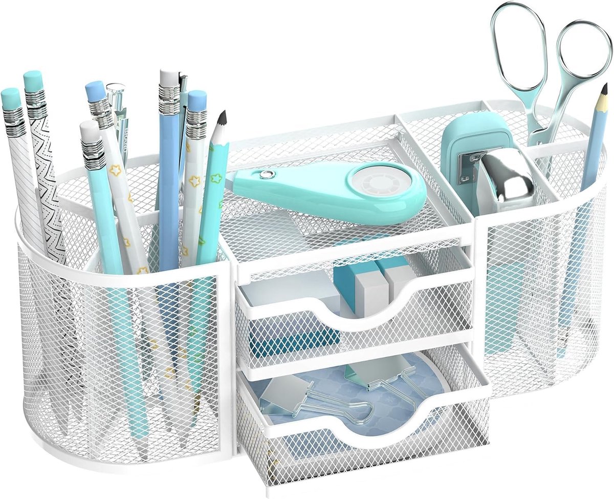 SnelShoppen - Desk Organizer met 2 Laden, Multifunctionele Pennenhouder, Retro Wit, Ideaal voor Bureau Accessoires en Kantoorbenodigdheden