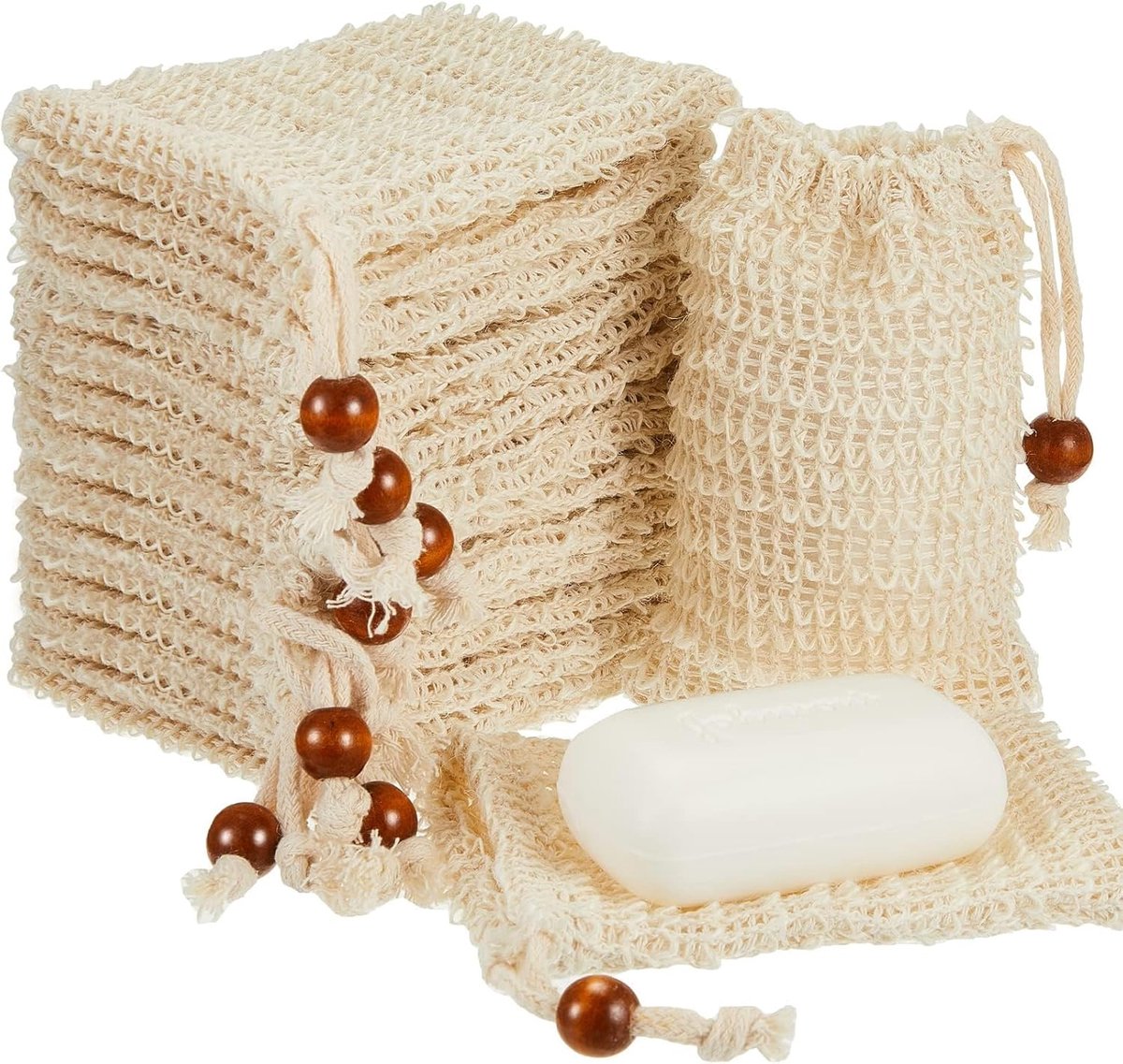 SnelShoppen - 10 Stuks Sisal Soap Bags met Trekkoord - 14 cm x 9 cm - Natuurlijke Katoen en Linnen - Massage en Bloedcirculatie - Perfect voor Badkame
