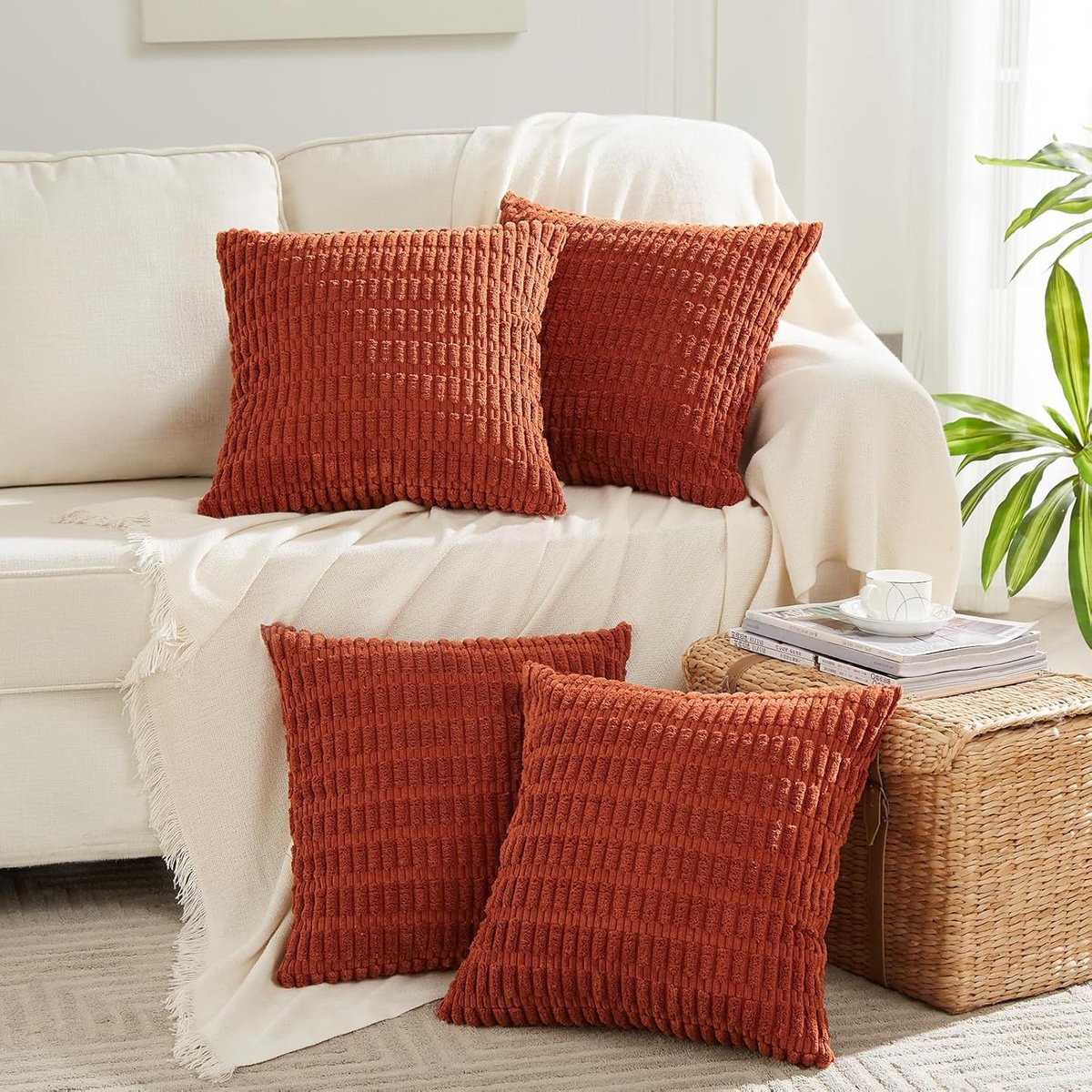 SnelShoppen - Set van 4 Bohemian Kussenhoezen 45x45 cm - Rust, Decoratieve Corduroy Kussenhoezen voor Sofa, Slaapkamer, Stoel, Bed - Cuddly Modern Sti