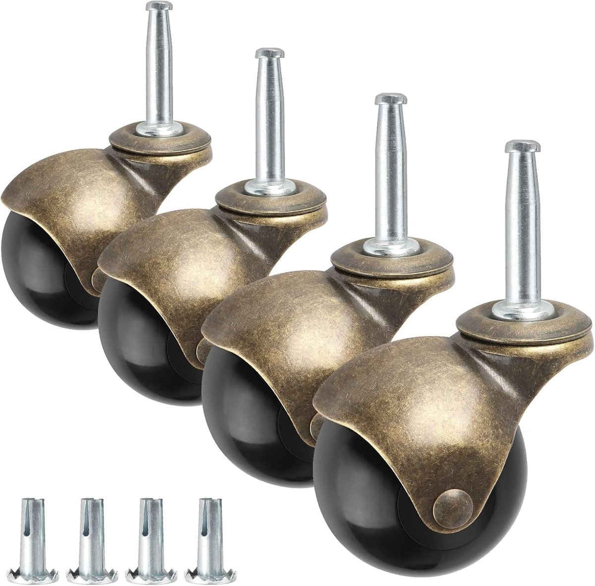 SnelShoppen - 2" Ball Caster Wielen Set van 4 - Vintage Antieke Brass Casters - Heavy Duty 5/16" x 1 1/2" (8 x 38mm) voor Meubels, Stoelen, Kasten