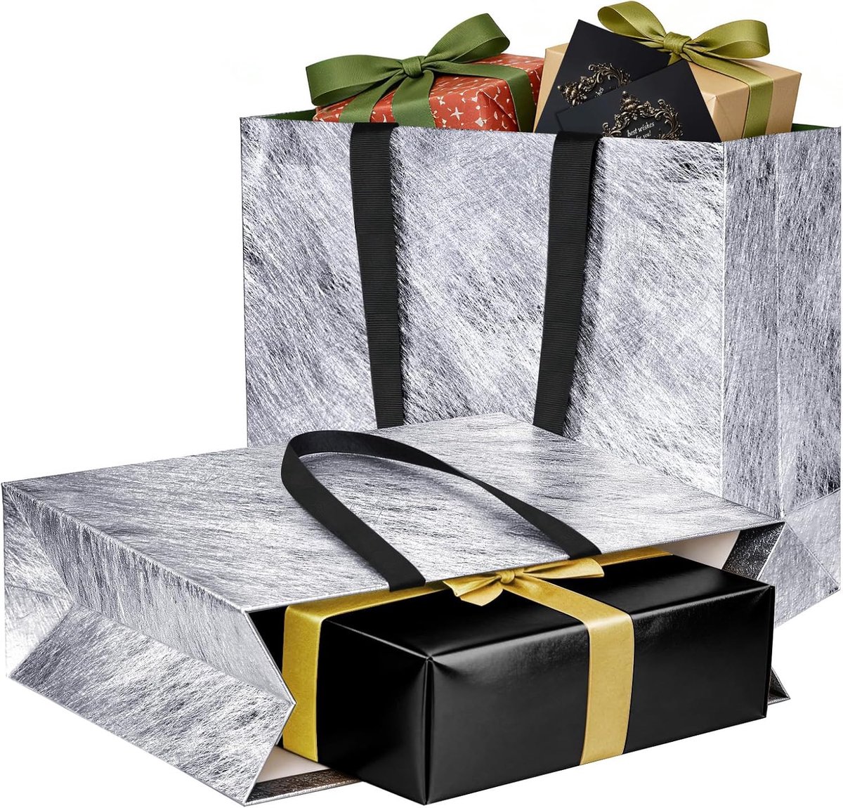 SnelShoppen - 2 Stuks Luxe Grote Cadeauzakken Zilver XL 38x13x31cm met Wenskaarten voor Verjaardag, Bruiloft, Kerst, Sinterklaas en Valentijns