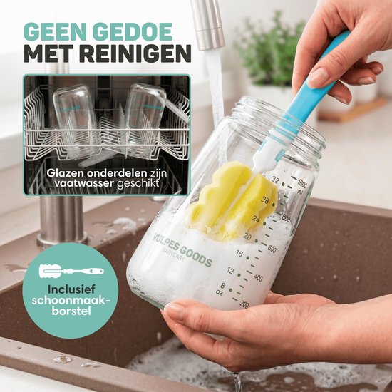 Vulpes Goods® Babycare - Milk Pitcher - Melkkan met Deksel - Moedermelk Bewaarfles Glas - ook Voor Babyvoeding & Formula - Lekvrij - BPA-vrij - 1000 ml - Incl. Schoonmaakborstel van Vulpes Goods® — afbeelding 4