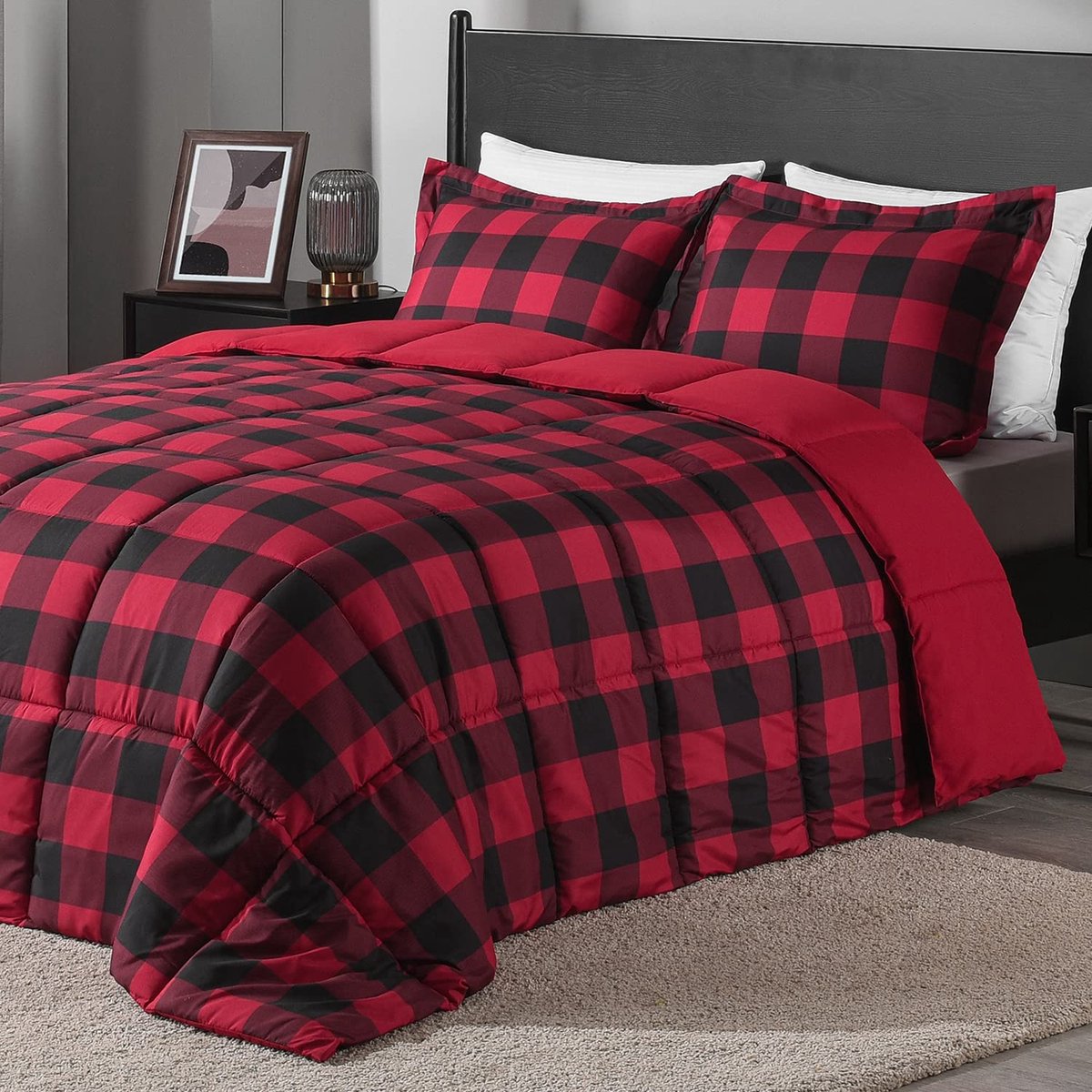 SnelShoppen - Lichtgewicht geruite dekbedset kingsize met 2 kussenslopen - 3-delige set zwart/wit geruit - omkeerbare donsdeken voor ultiem slaapcomfo