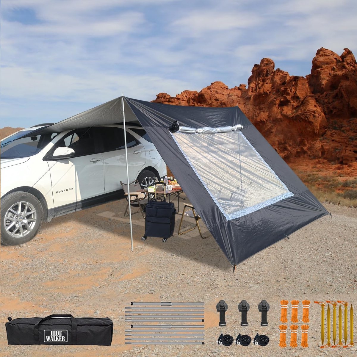 SnelShoppen - Camping Tent 3x5 voor Van, Caravan, Waterdichte Zonwering Achterdeur Tarp met Stok, Zwart, Ideaal voor Kamperen en Buitenactiviteiten