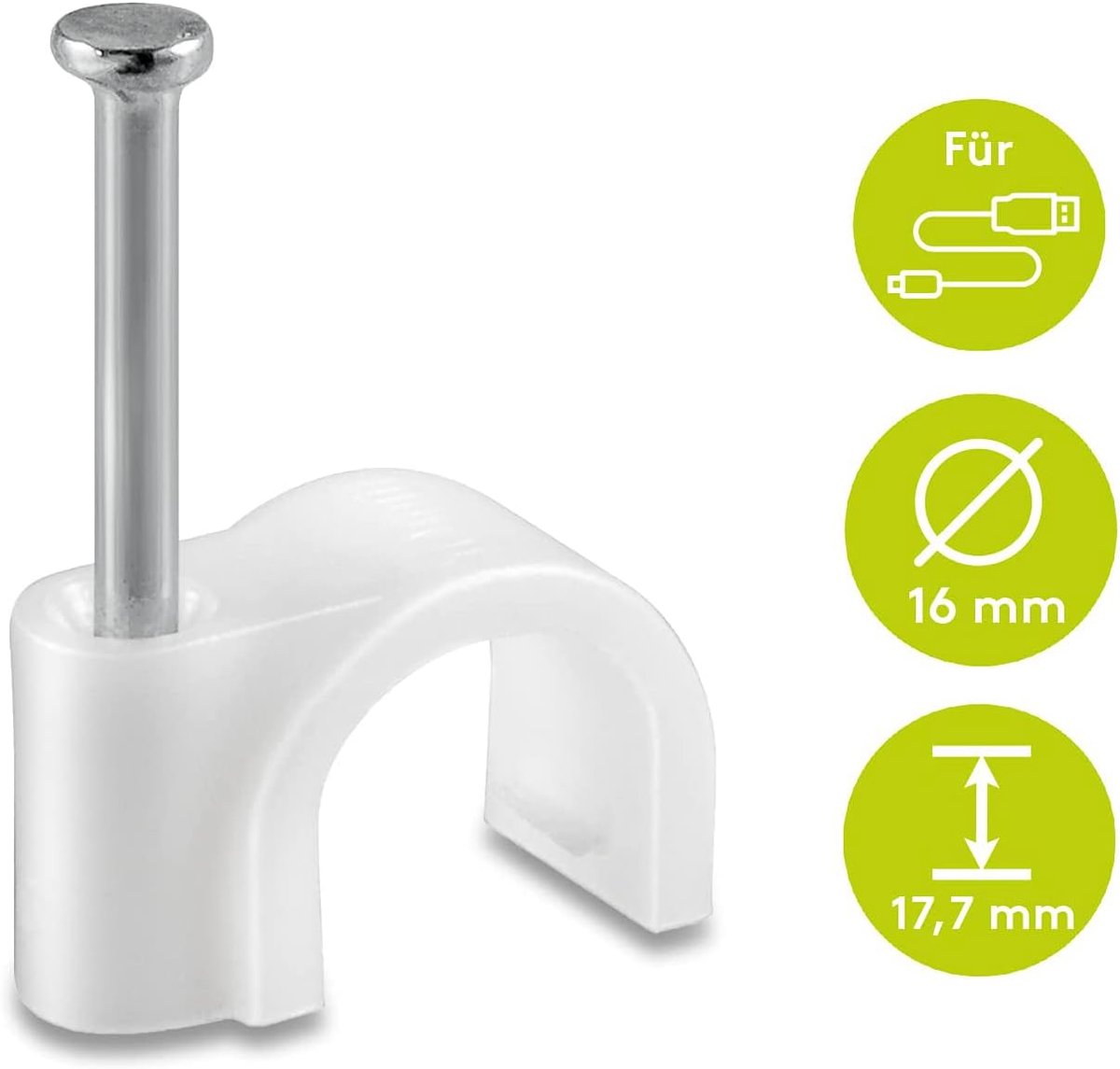SnelShoppen - 100 x Kabelclips 16 mm | Nagelclip Klemmen Kabelhouders met Ingevoegde Nagel | Hoogte 17.7 mm | Witte Klemmen voor Thuis, Kantoor en Tui