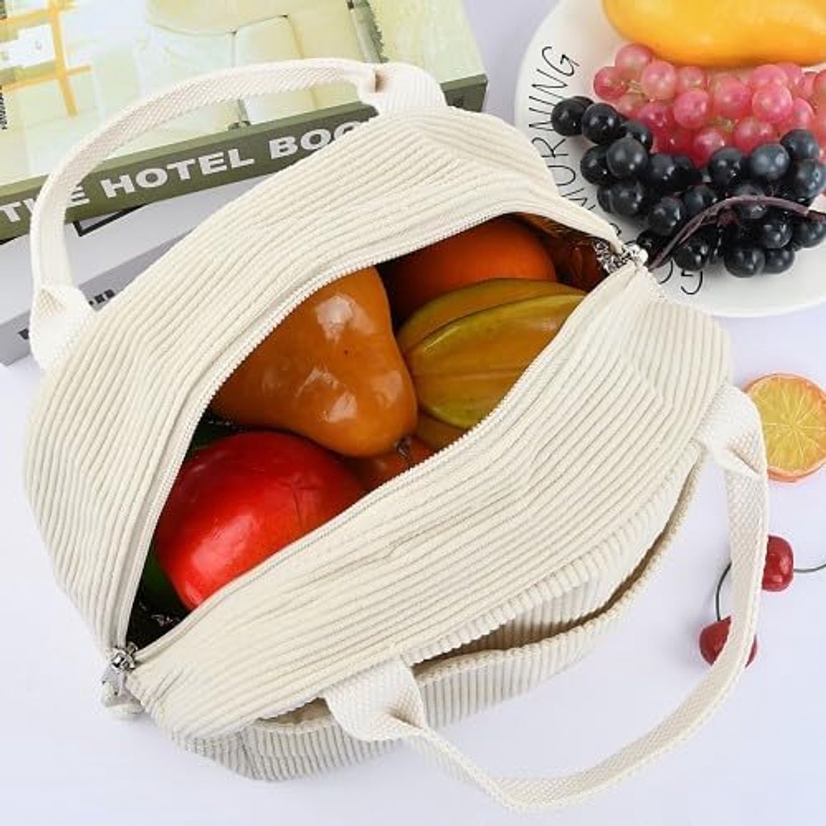 SnelShoppen - Thermal Lunch Box - Ribbed Velvet Lunch Bag - Lekvrije Thermoscontainer - Grote Capaciteit - Koeltas voor Werk en School - Vuil Wit - 31