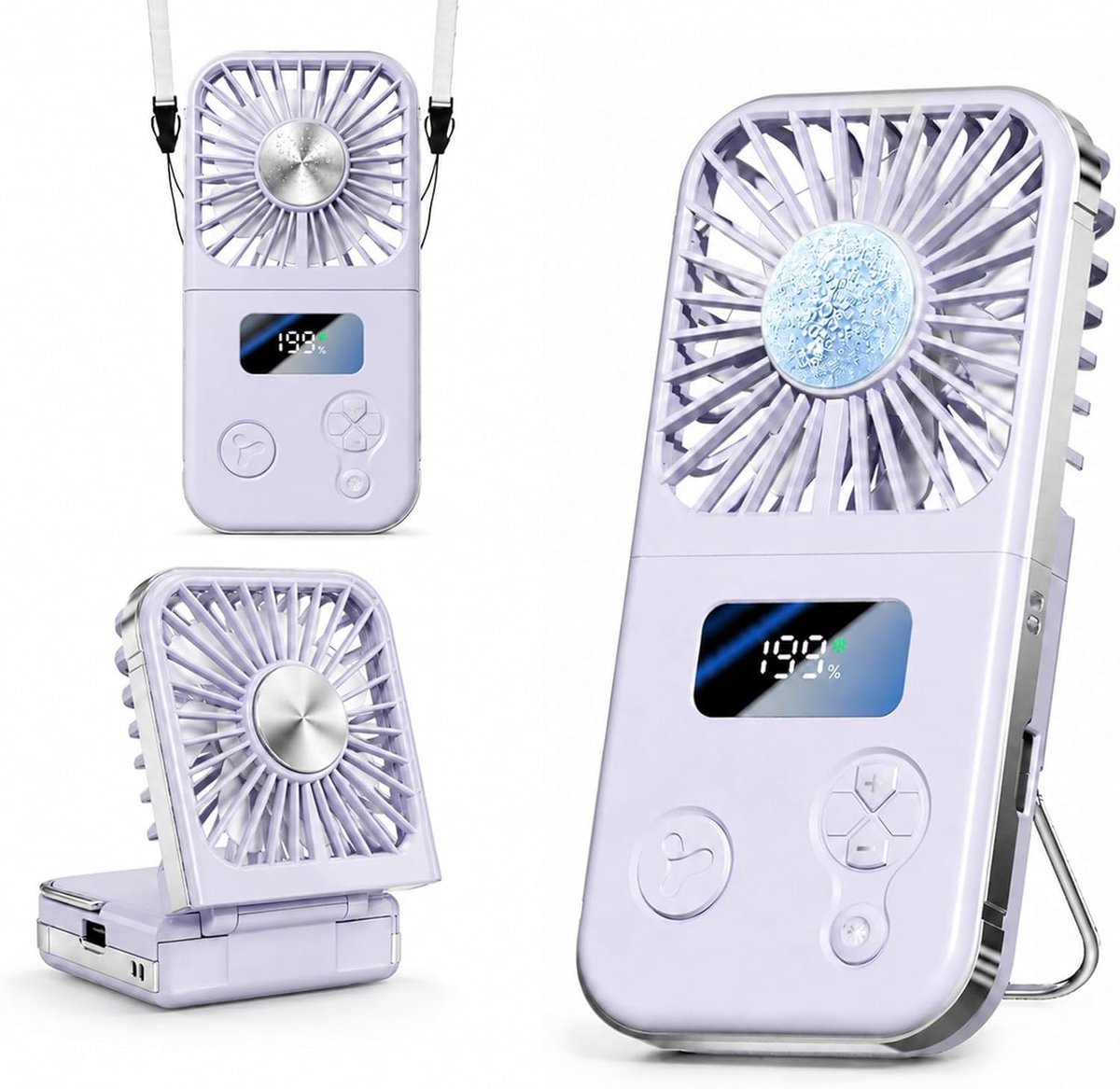 Oplaadbare handventilator – Draagbare miniventilator – Met koelplaat – 199 snelheidsstanden – Opvouwbaar ontwerp – Persoonlijke bureauventilator – Met digitaal display & draagkoord – Geschikt voor reizen, buiten, kantoor en kamperen – Paars